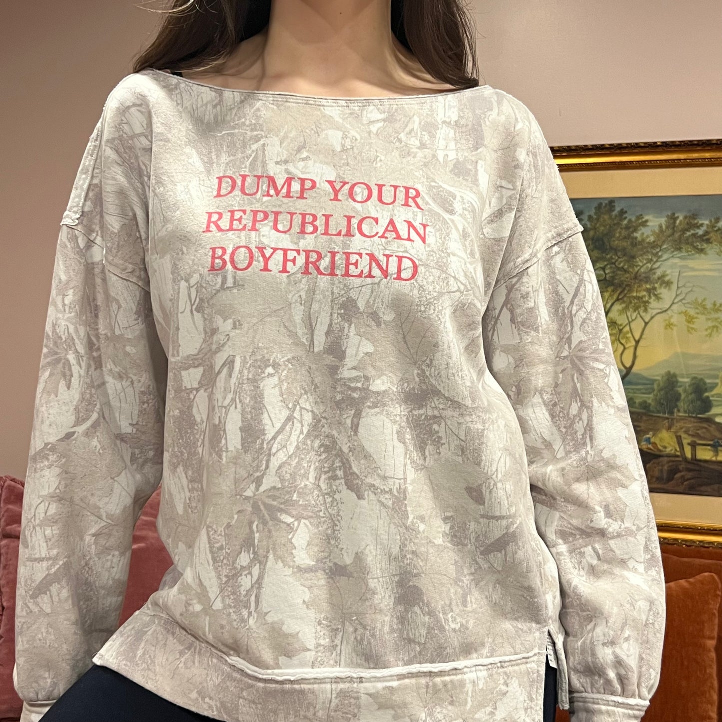 DUMP YOUR REPUBLICAN BOYFRIEND white camo crewneck with pink text (M)