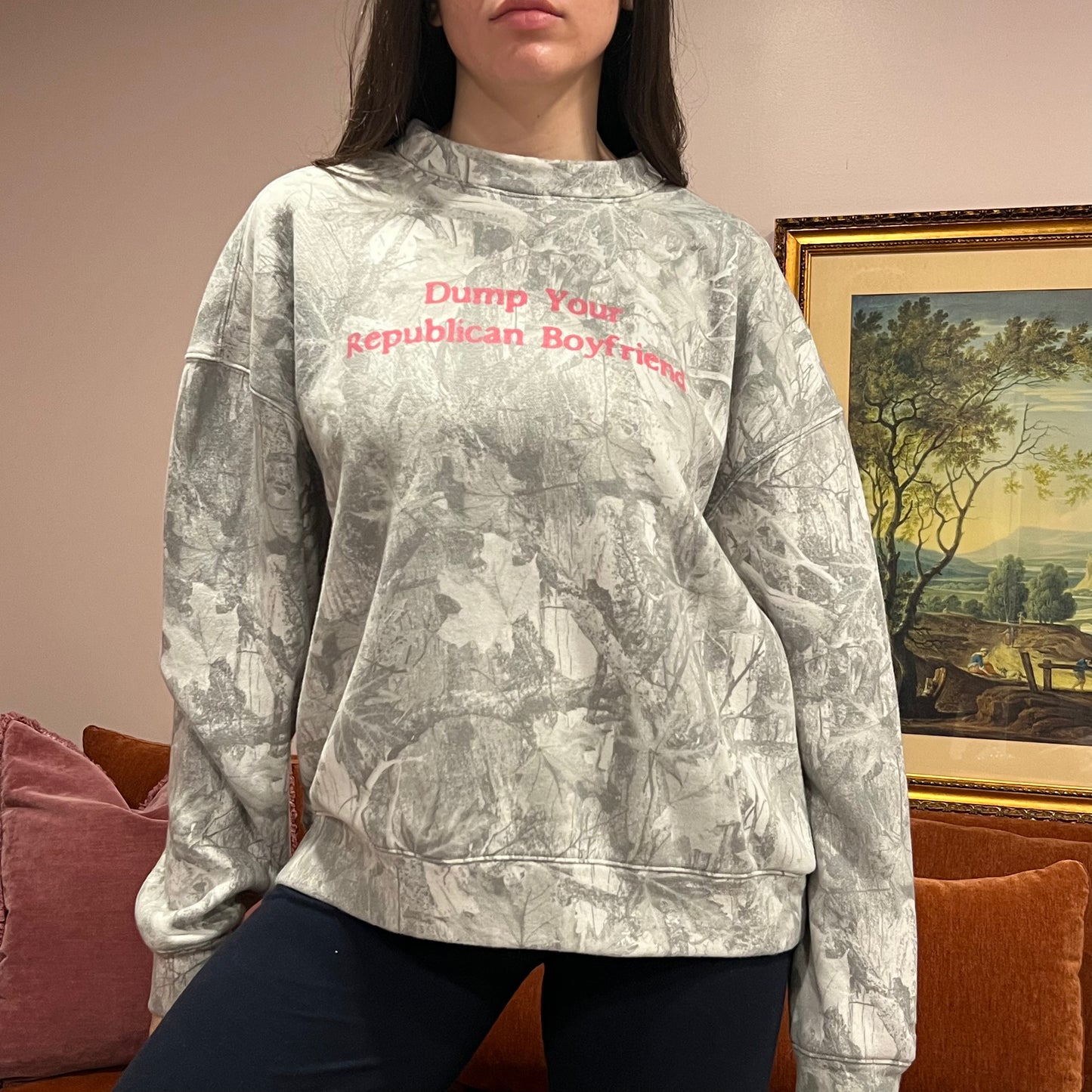 DUMP YOUR REPUBLICAN BOYFRIEND white camo crewneck with pink text (M)