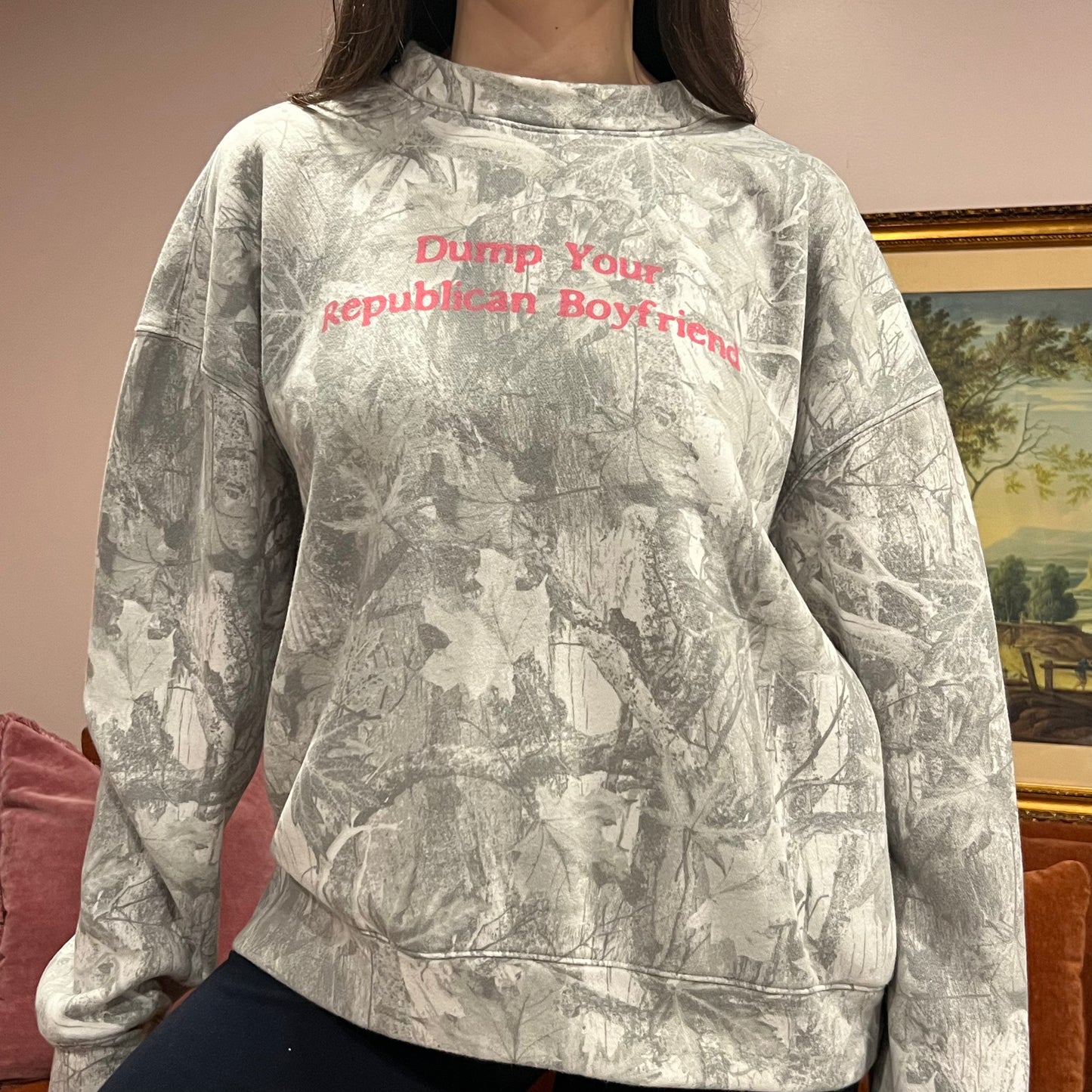 DUMP YOUR REPUBLICAN BOYFRIEND white camo crewneck with pink text (M)