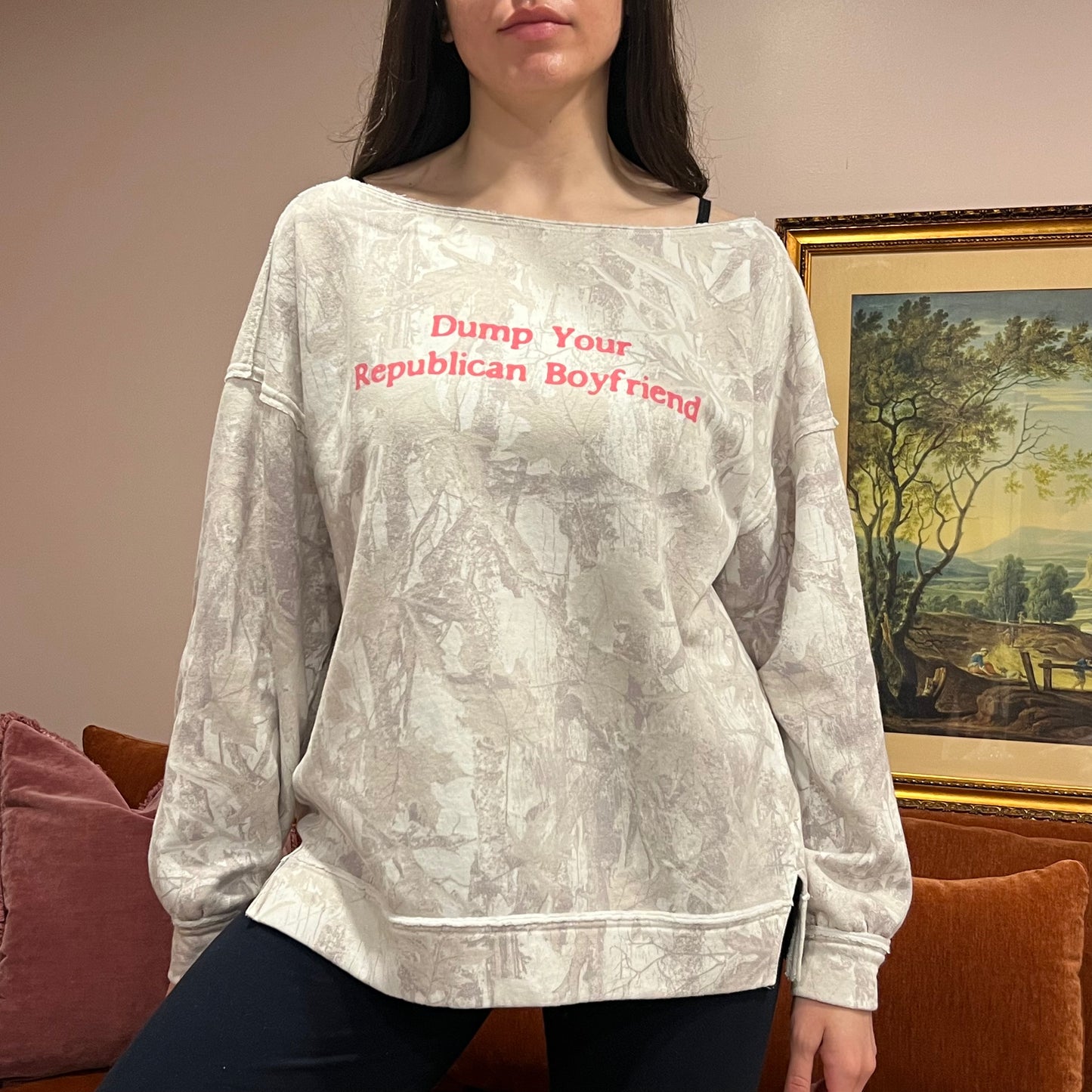 DUMP YOUR REPUBLICAN BOYFRIEND white camo crewneck with pink text (L)