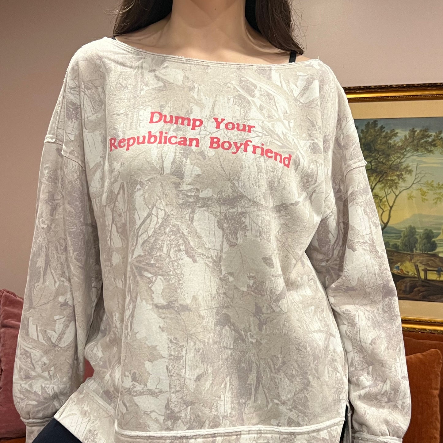 DUMP YOUR REPUBLICAN BOYFRIEND white camo crewneck with pink text (L)