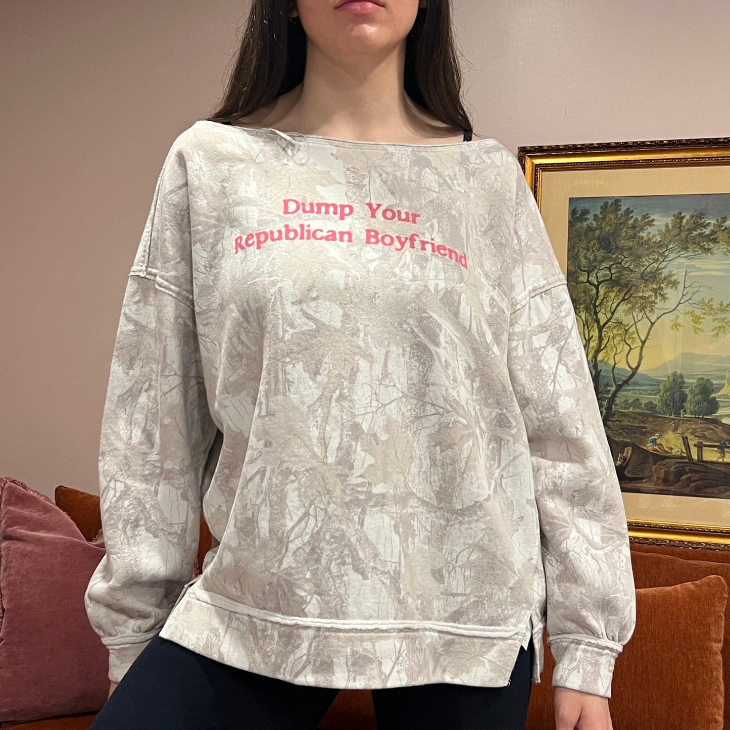 DUMP YOUR REPUBLICAN BOYFRIEND white camo crewneck with pink text (L)