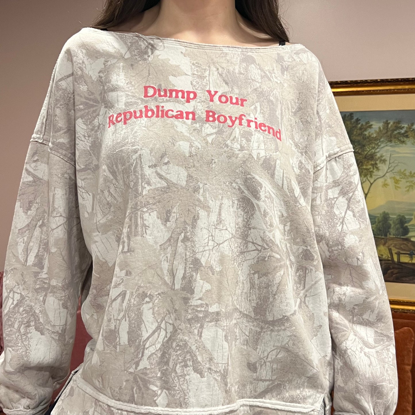 DUMP YOUR REPUBLICAN BOYFRIEND white camo crewneck with pink text (L)