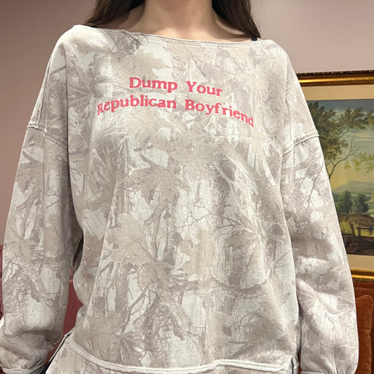 DUMP YOUR REPUBLICAN BOYFRIEND white camo crewneck with pink text (L)
