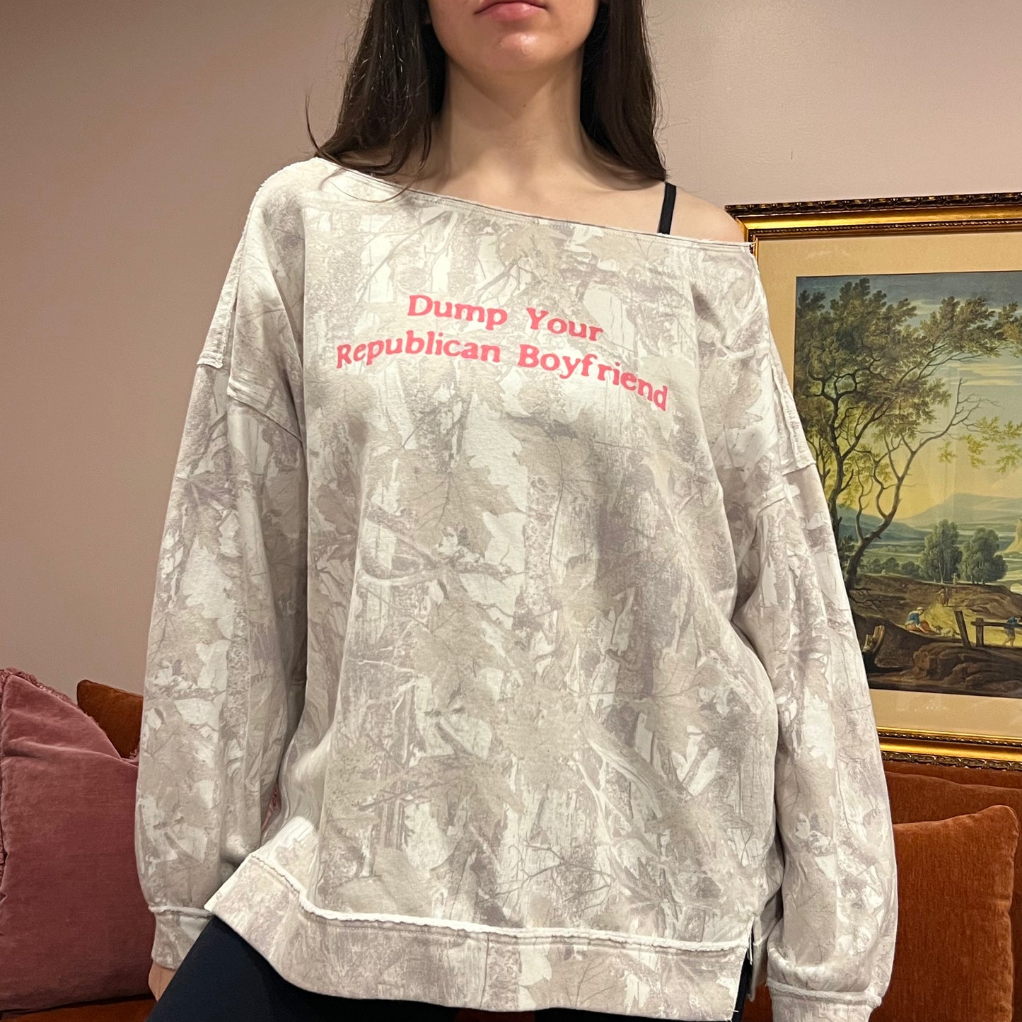 DUMP YOUR REPUBLICAN BOYFRIEND white camo crewneck with pink text (XL)
