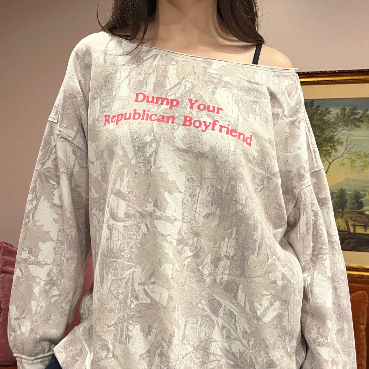 DUMP YOUR REPUBLICAN BOYFRIEND white camo crewneck with pink text (XL)