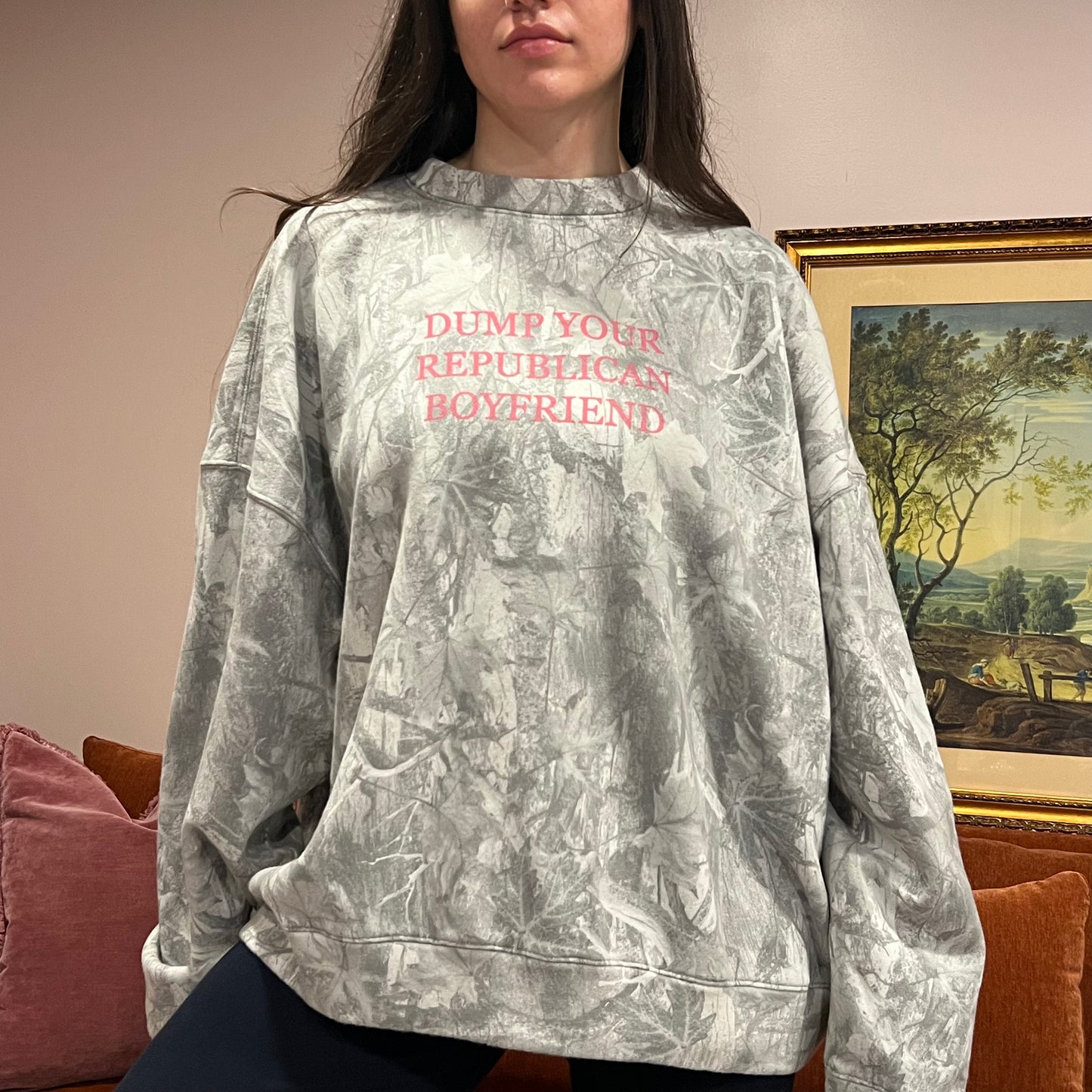 DUMP YOUR REPUBLICAN BOYFRIEND white camo crewneck with pink text (XXL)