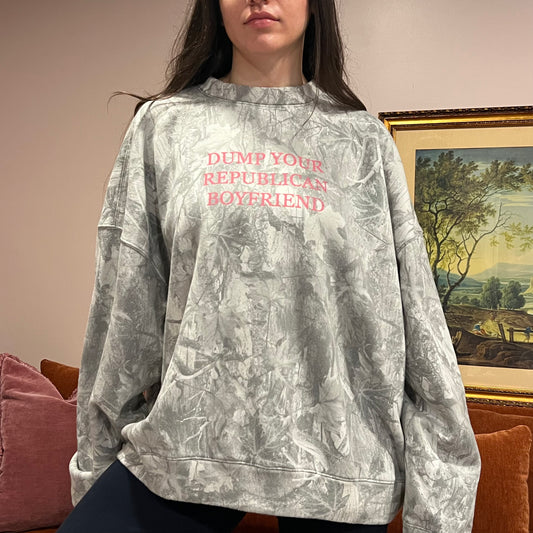 DUMP YOUR REPUBLICAN BOYFRIEND white camo crewneck with pink text (XXL)