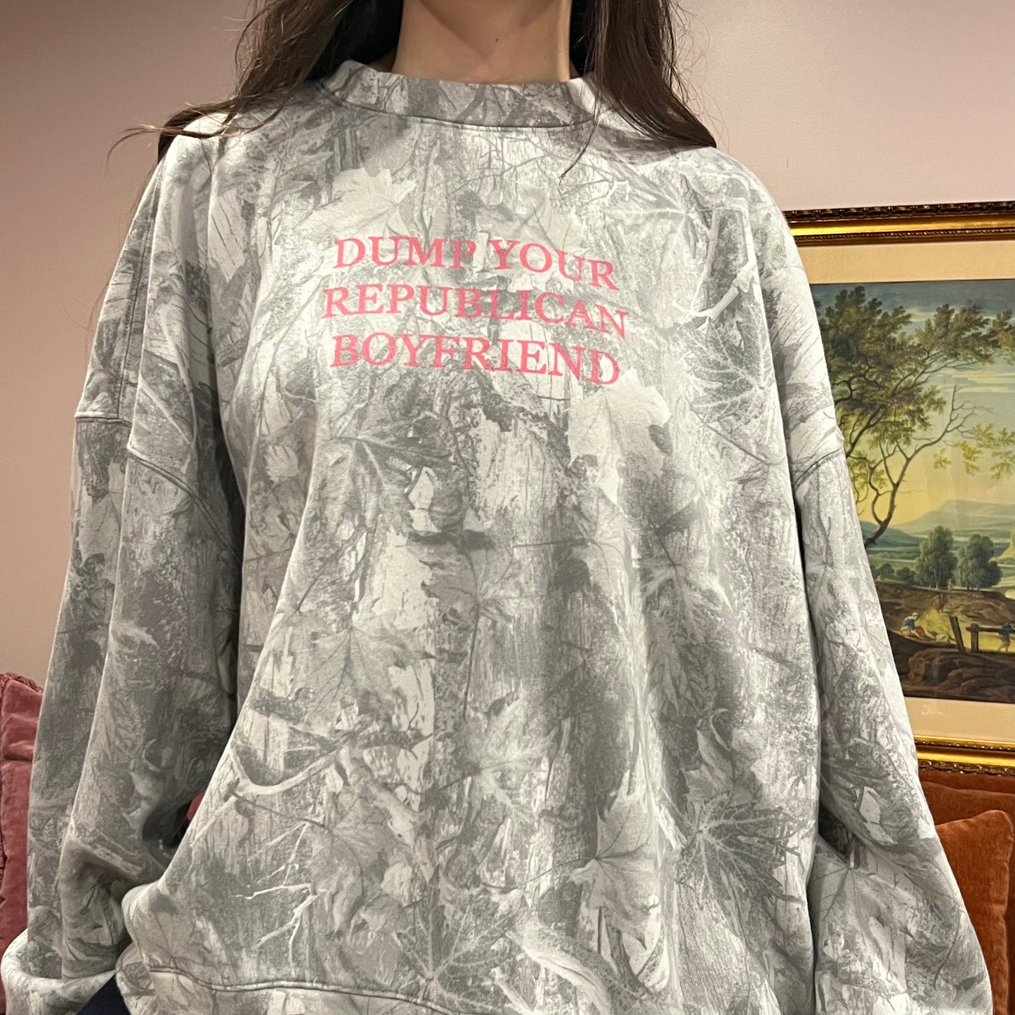 DUMP YOUR REPUBLICAN BOYFRIEND white camo crewneck with pink text (XXL)
