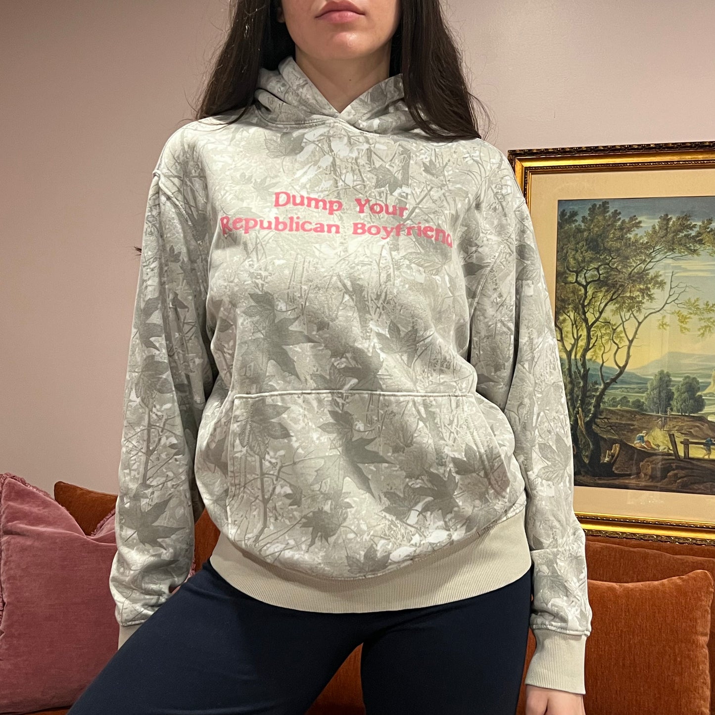 DUMP YOUR REPUBLICAN BOYFRIEND white camo hoodie with pink text (M)