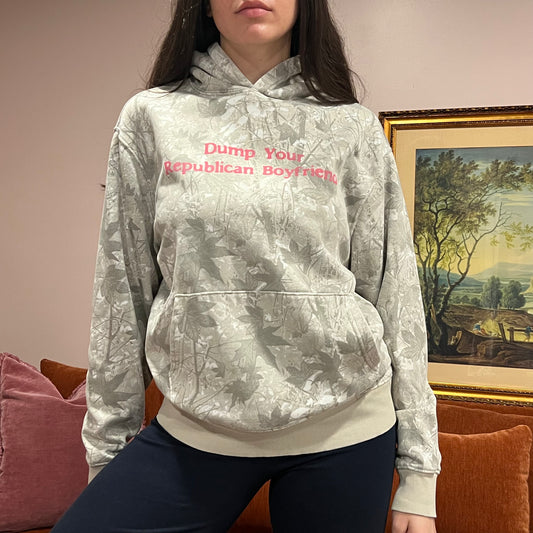 DUMP YOUR REPUBLICAN BOYFRIEND white camo hoodie with pink text (M)
