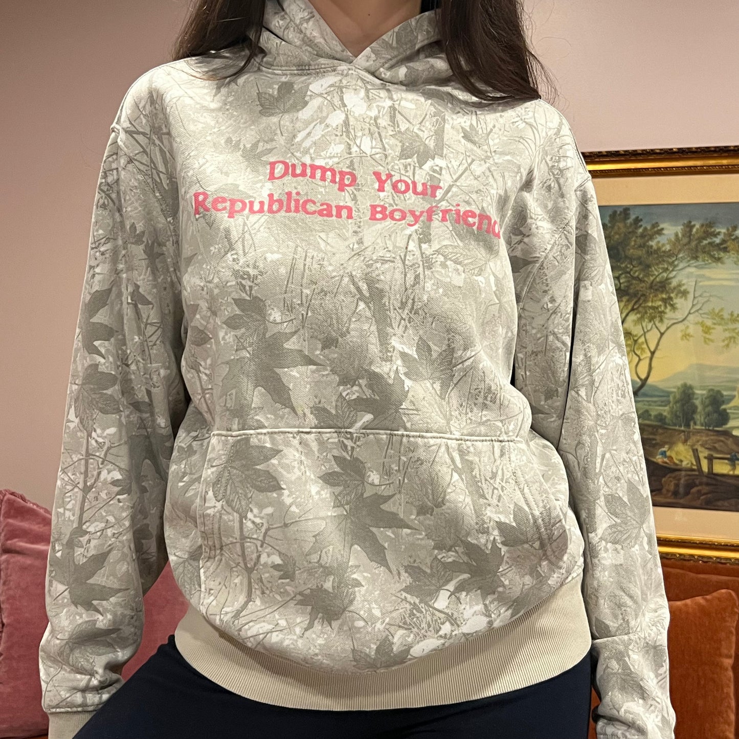 DUMP YOUR REPUBLICAN BOYFRIEND white camo hoodie with pink text (M)