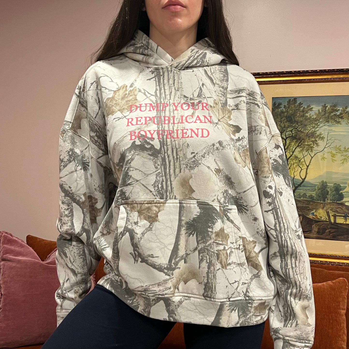 DUMP YOUR REPUBLICAN BOYFRIEND white camo hoodie with pink text (L)