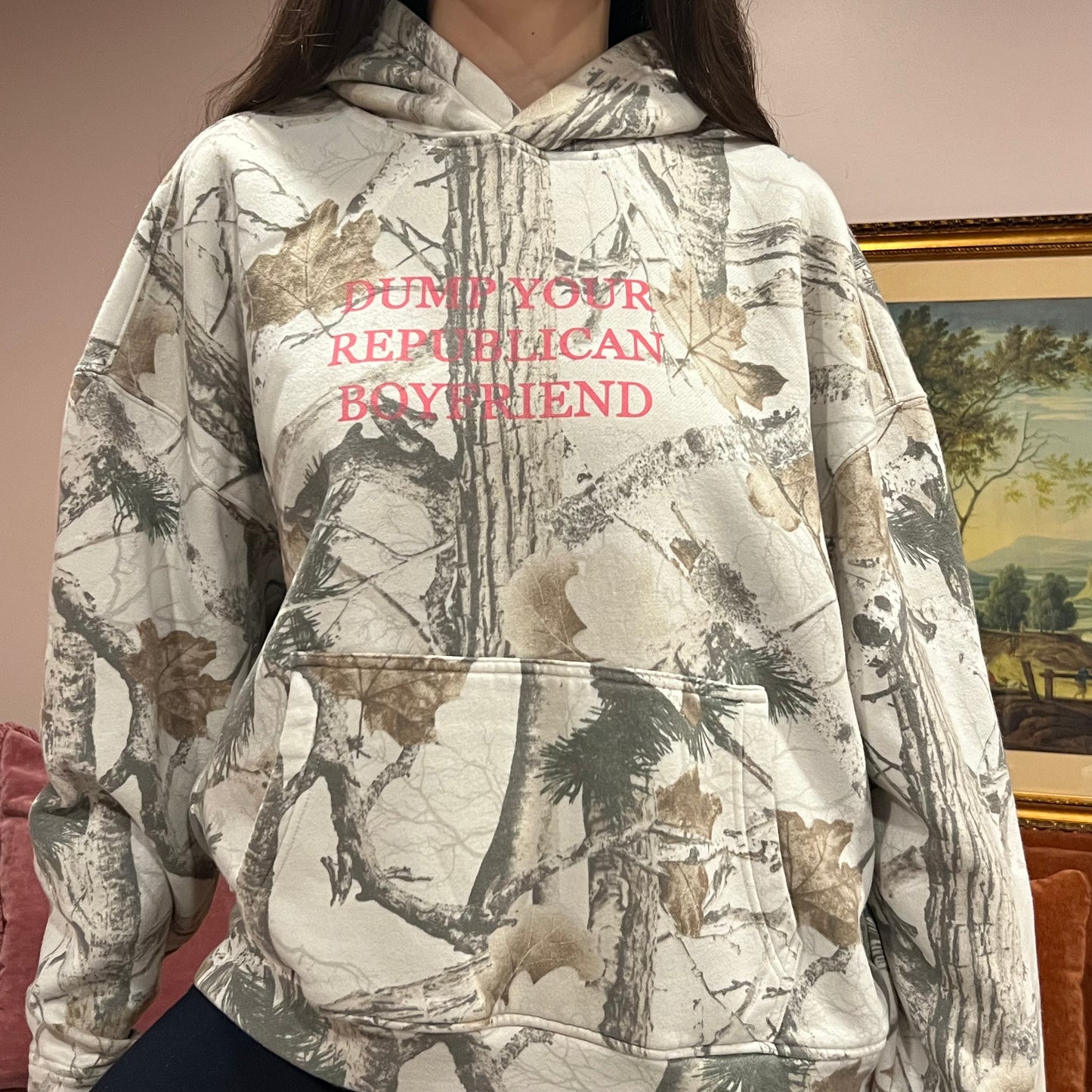 DUMP YOUR REPUBLICAN BOYFRIEND white camo hoodie with pink text (L)
