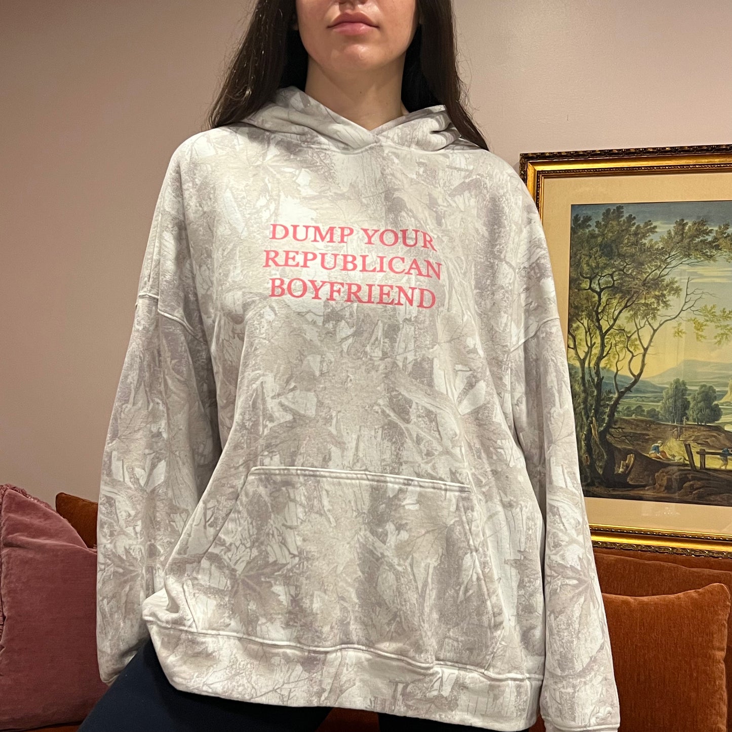 DUMP YOUR REPUBLICAN BOYFRIEND white camo hoodie with pink text (XL)