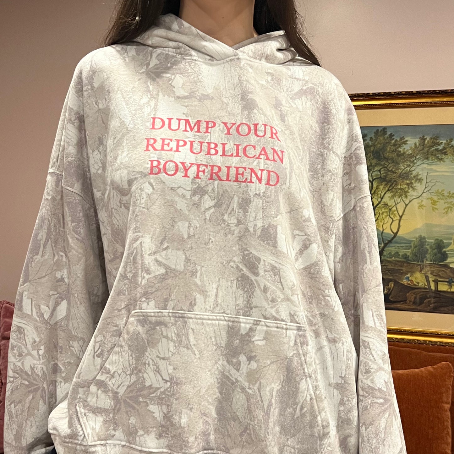 DUMP YOUR REPUBLICAN BOYFRIEND white camo hoodie with pink text (XL)