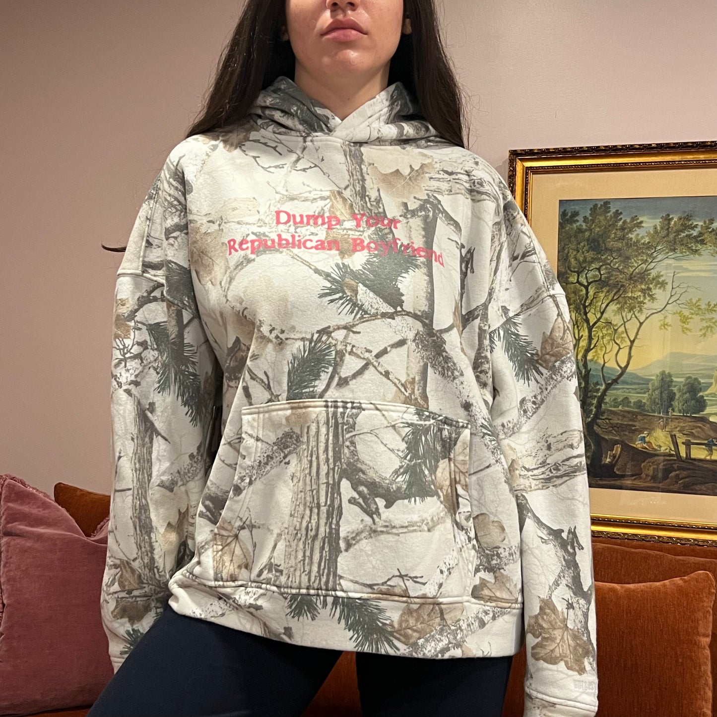 DUMP YOUR REPUBLICAN BOYFRIEND white camo hoodie with pink text (XL)