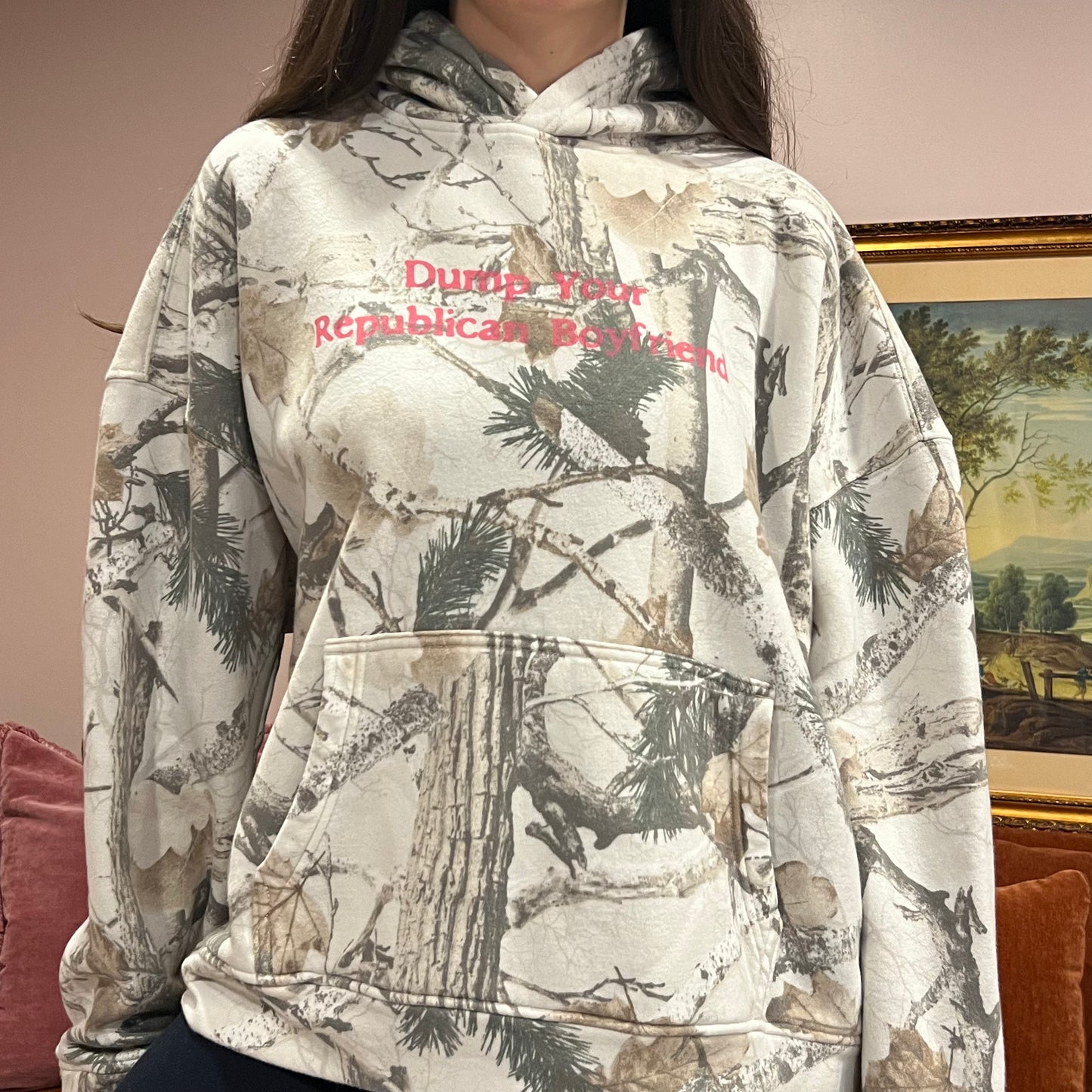 DUMP YOUR REPUBLICAN BOYFRIEND white camo hoodie with pink text (XL)