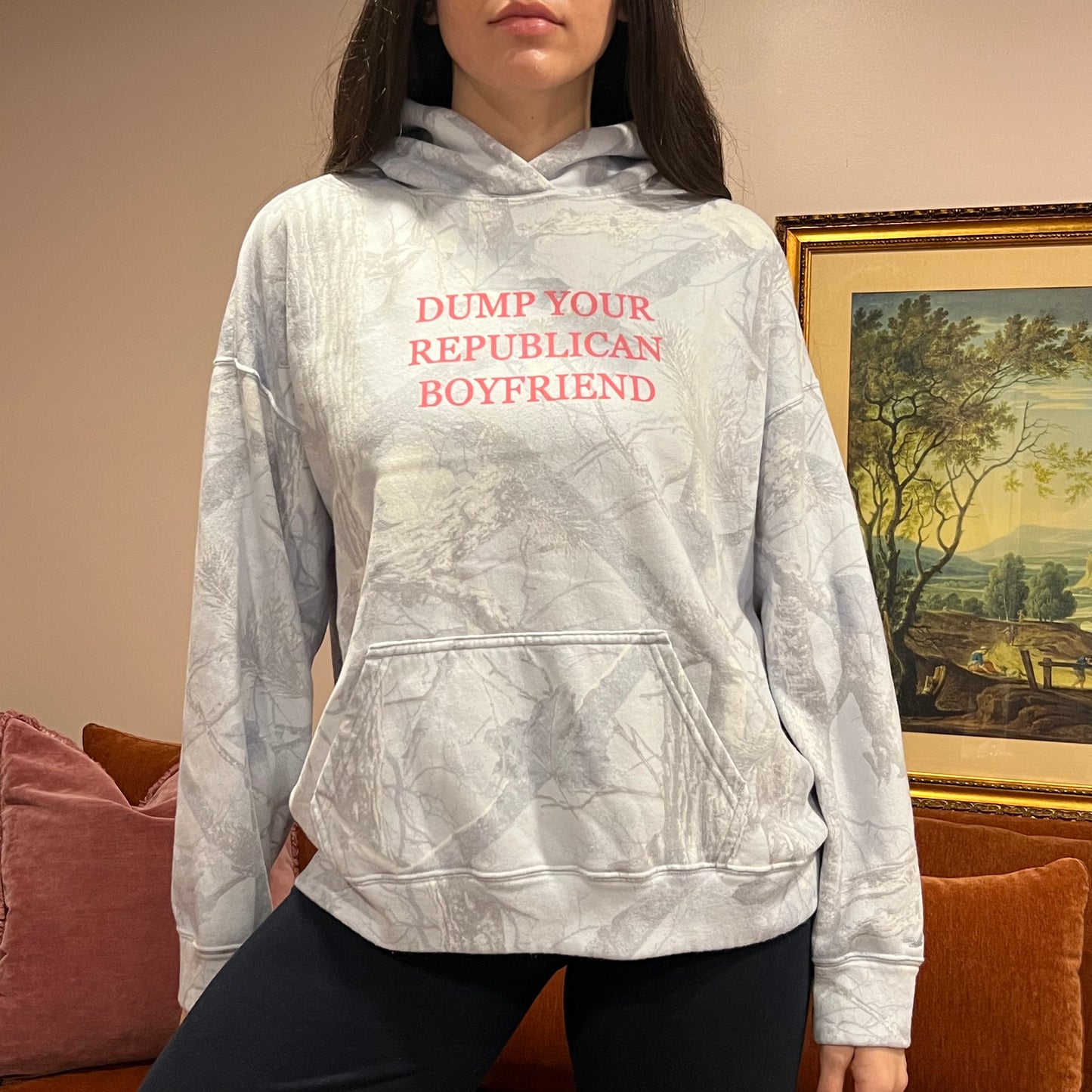 DUMP YOUR REPUBLICAN BOYFRIEND light blue camo hoodie with pink text (M)