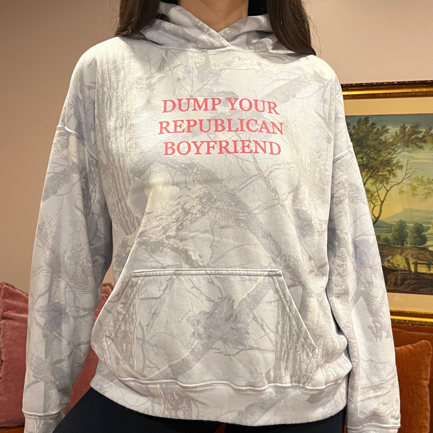 DUMP YOUR REPUBLICAN BOYFRIEND light blue camo hoodie with pink text (M)