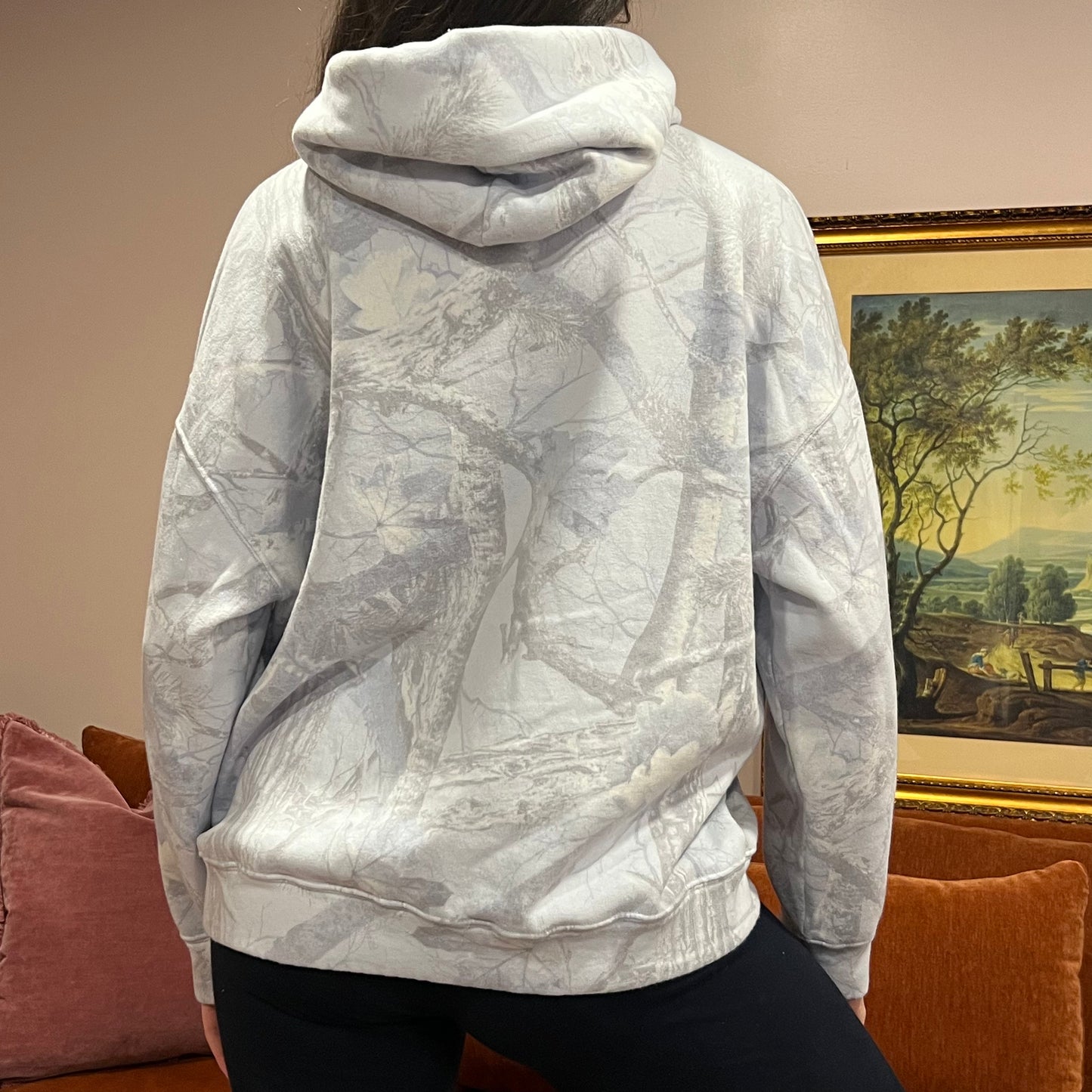 DUMP YOUR REPUBLICAN BOYFRIEND light blue camo hoodie with pink text (M)