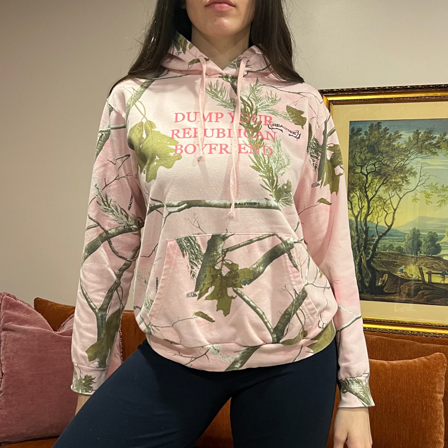 DUMP YOUR REPUBLICAN BOYFRIEND pink camo hoodie with pink text (L)