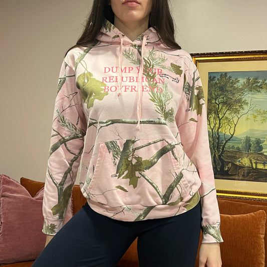DUMP YOUR REPUBLICAN BOYFRIEND pink camo hoodie with pink text (L)