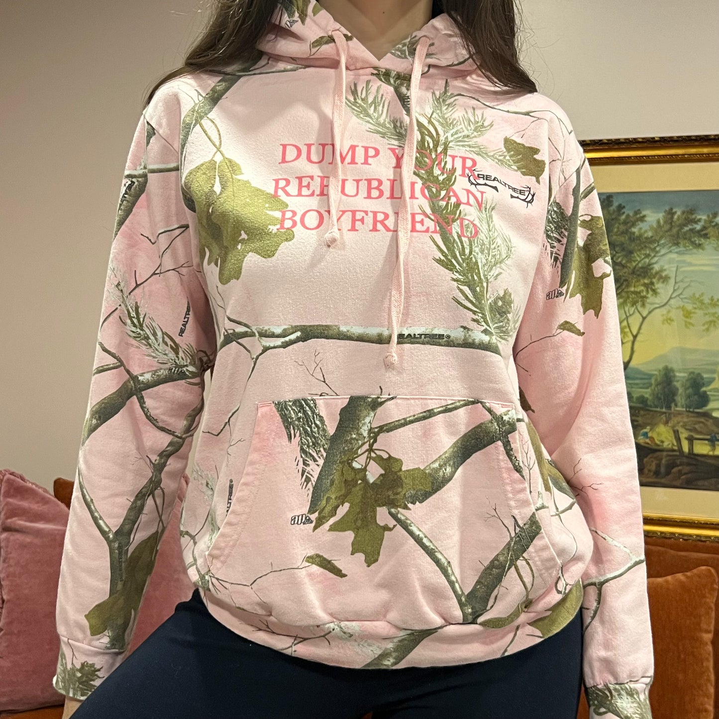 DUMP YOUR REPUBLICAN BOYFRIEND pink camo hoodie with pink text (L)