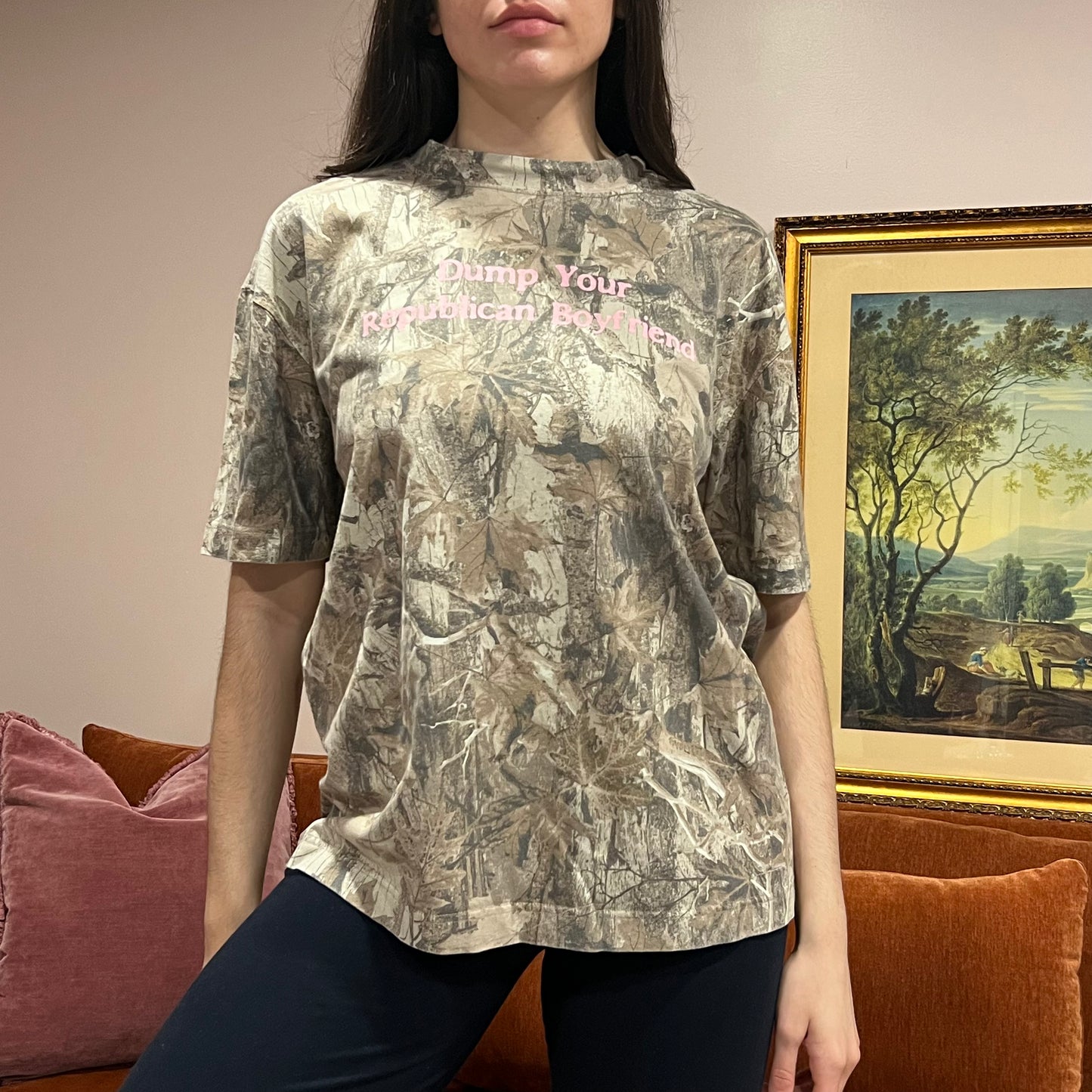 DUMP YOUR REPUBLICAN BOYFRIEND camo t-shirt with pink text (M)