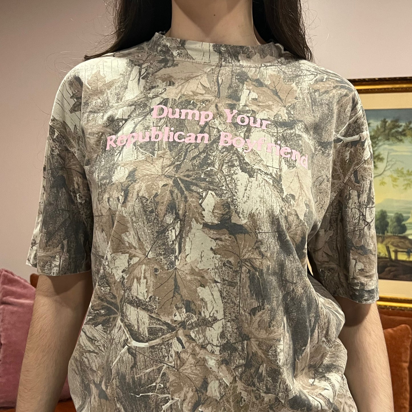 DUMP YOUR REPUBLICAN BOYFRIEND camo t-shirt with pink text (M)