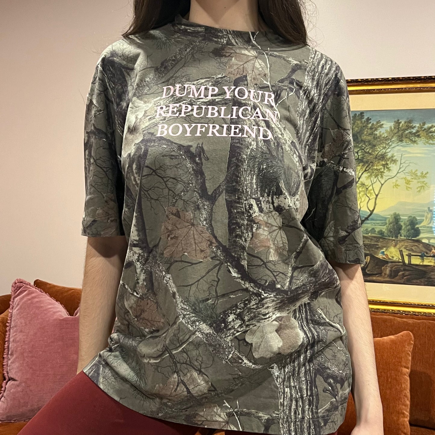 DUMP YOUR REPUBLICAN BOYFRIEND camo t-shirt with pink text (L)