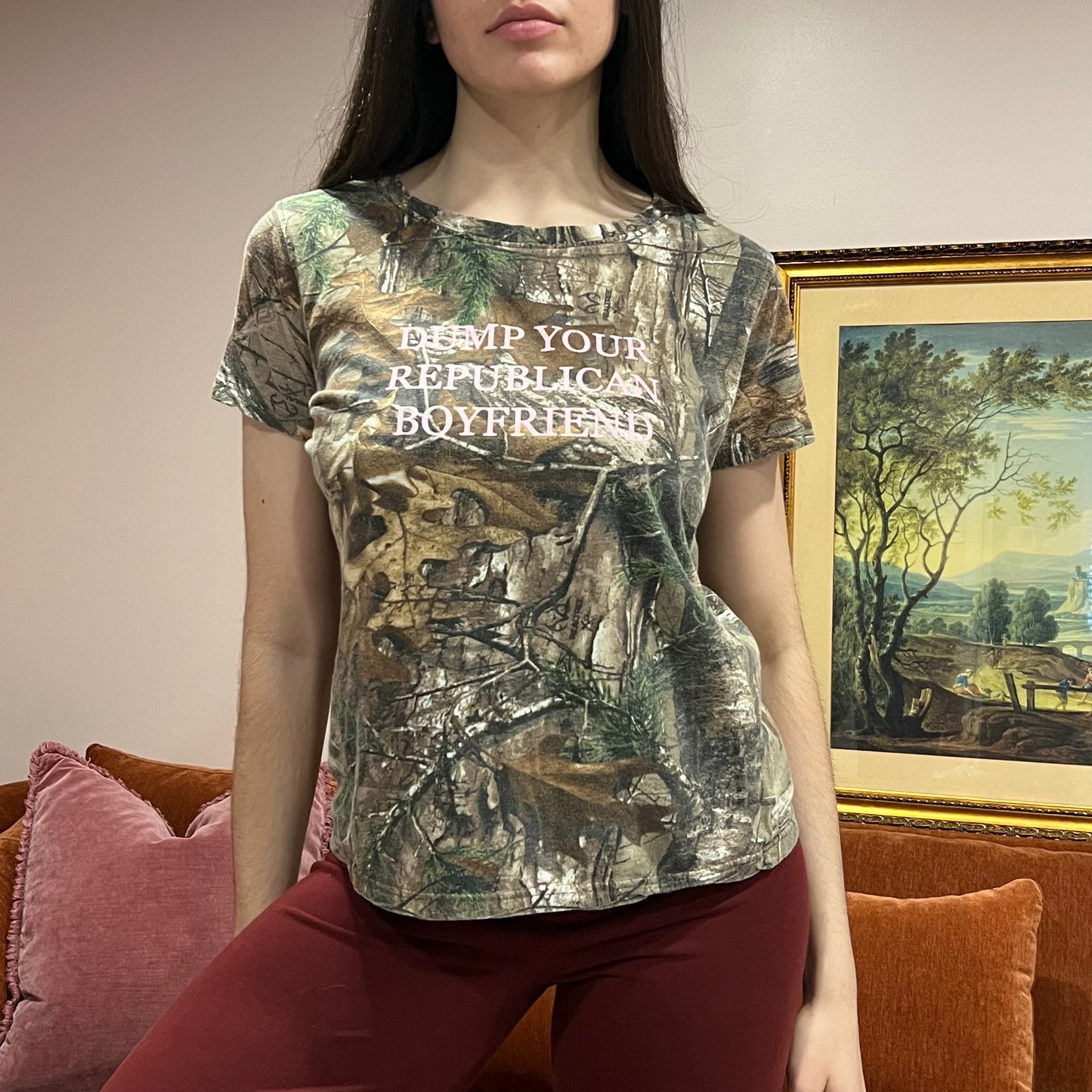 DUMP YOUR REPUBLICAN BOYFRIEND camo t-shirt with pink text (L)