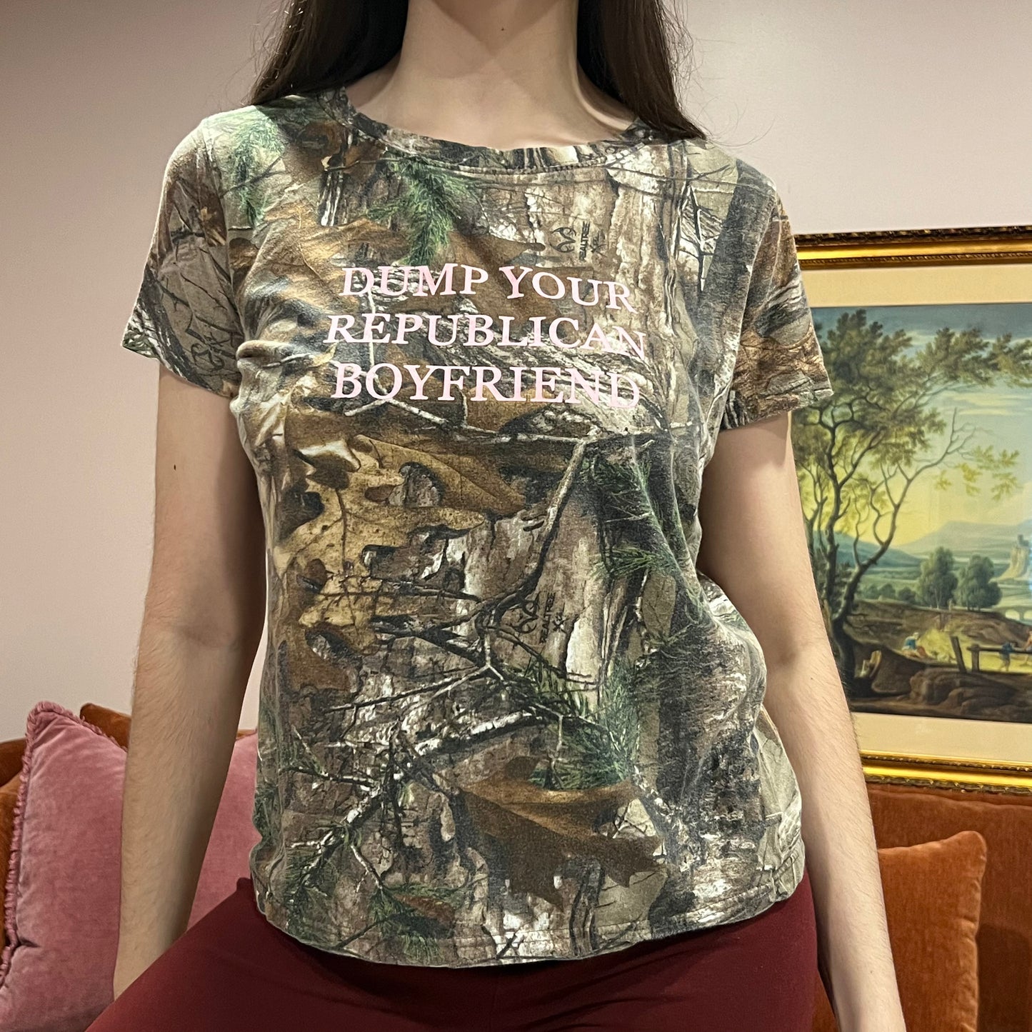DUMP YOUR REPUBLICAN BOYFRIEND camo t-shirt with pink text (L)