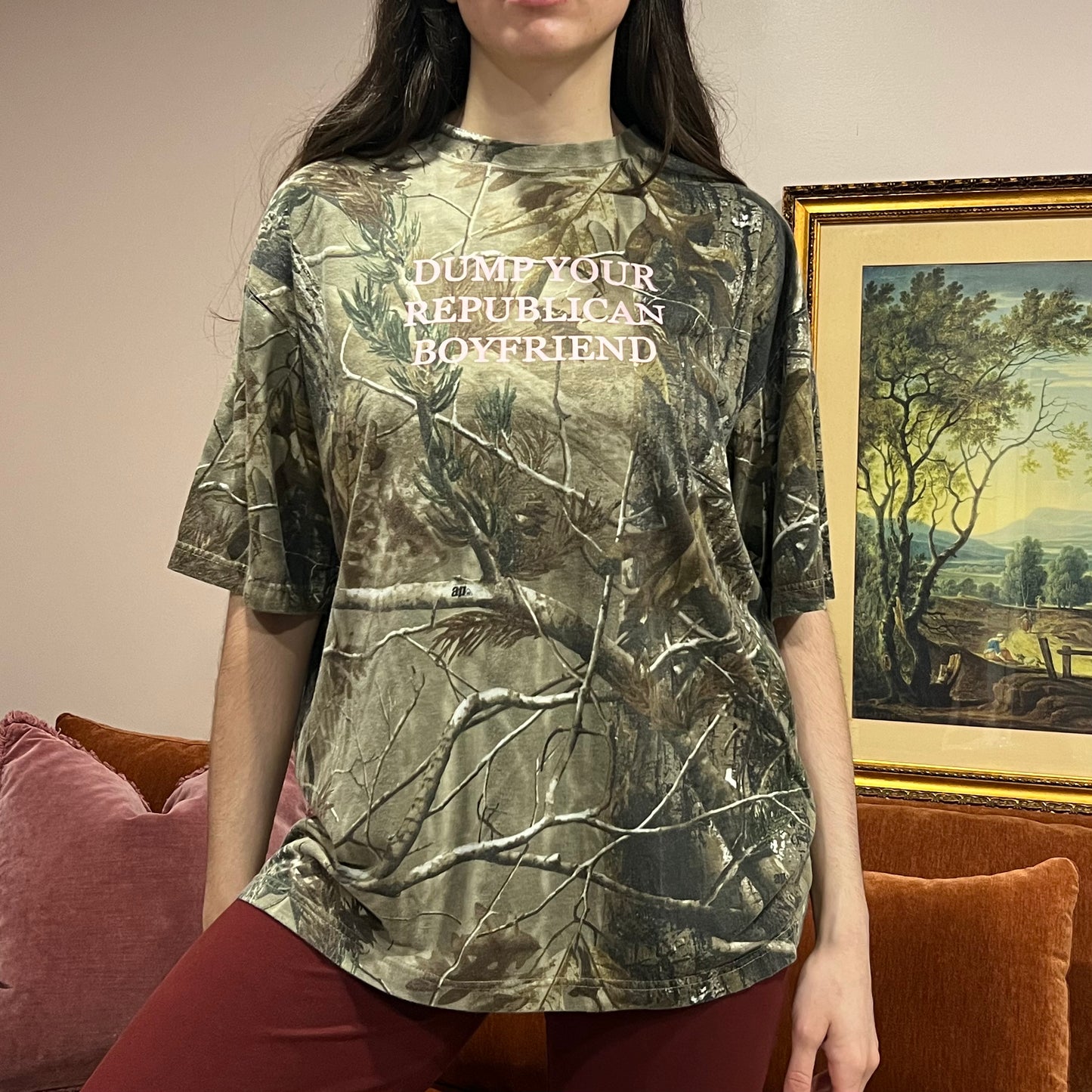 DUMP YOUR REPUBLICAN BOYFRIEND camo t-shirt with pink text (L)