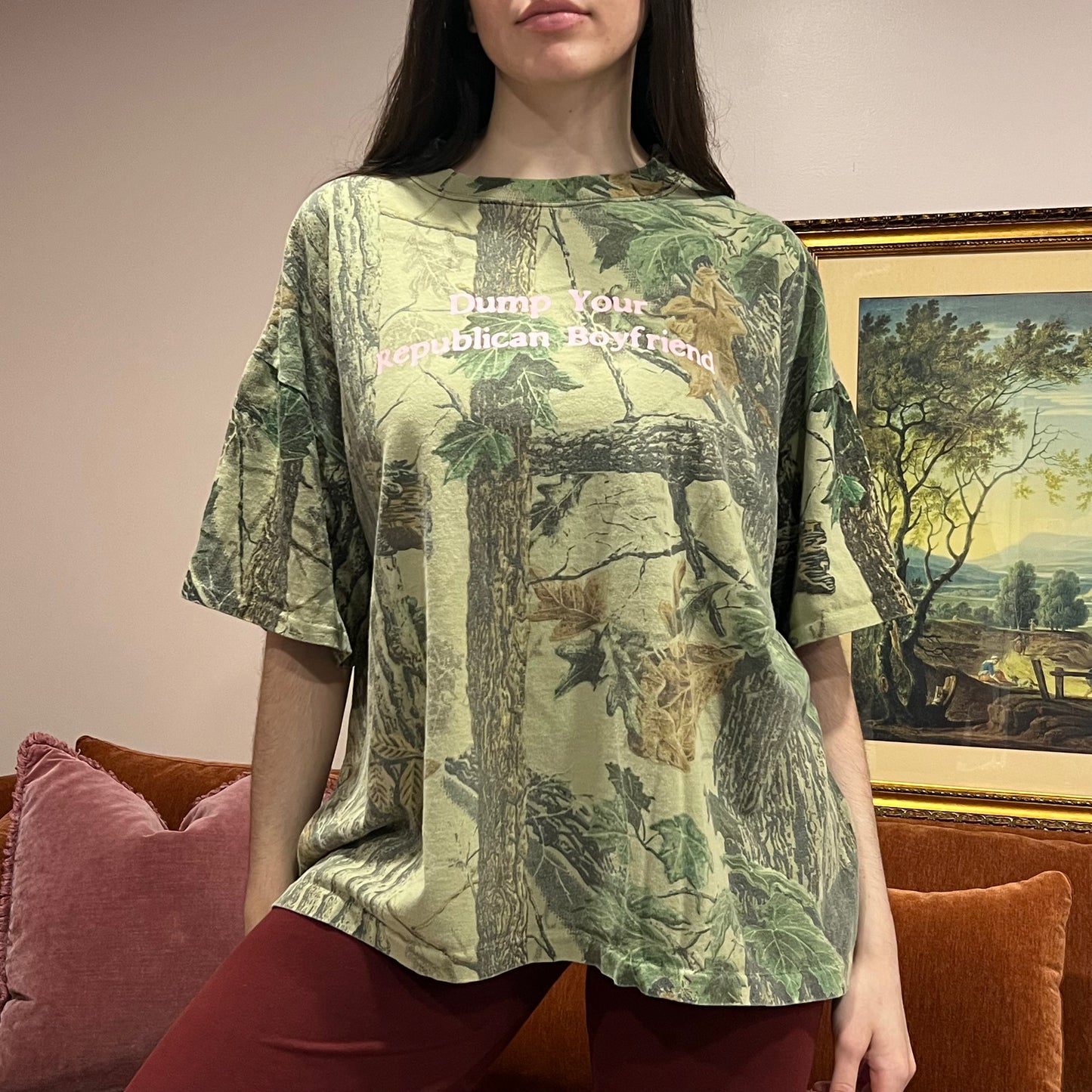 DUMP YOUR REPUBLICAN BOYFRIEND camo t-shirt with pink text (XL)