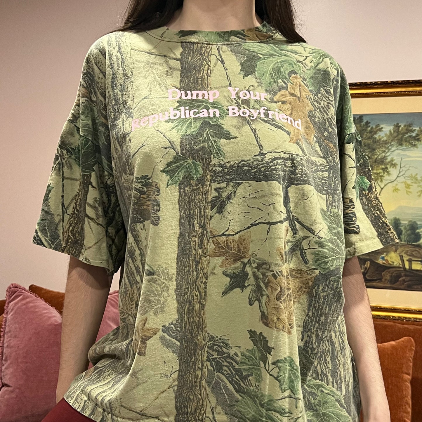 DUMP YOUR REPUBLICAN BOYFRIEND camo t-shirt with pink text (XL)