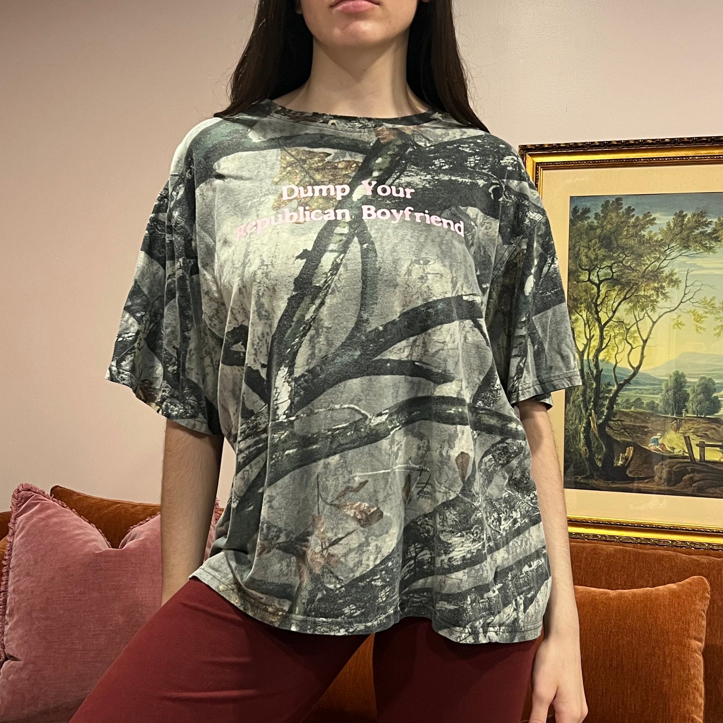 DUMP YOUR REPUBLICAN BOYFRIEND camo t-shirt with pink text (XL)