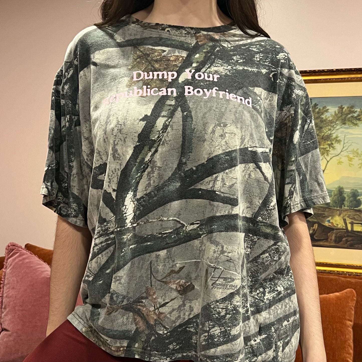DUMP YOUR REPUBLICAN BOYFRIEND camo t-shirt with pink text (XL)