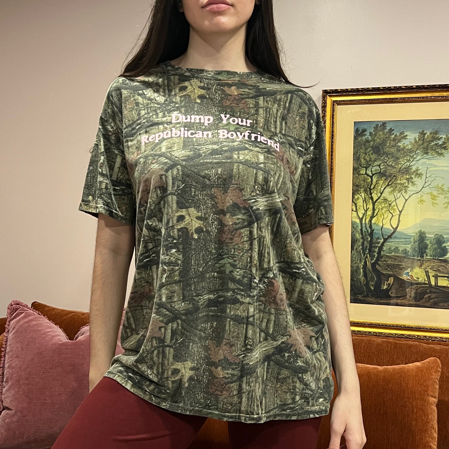 DUMP YOUR REPUBLICAN BOYFRIEND camo t-shirt with pink text (XL)