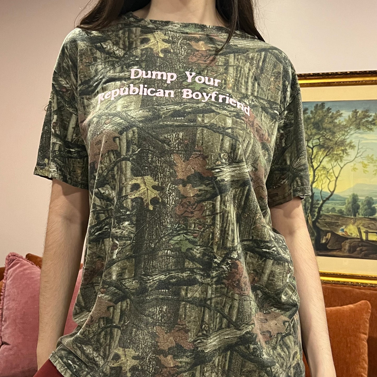 DUMP YOUR REPUBLICAN BOYFRIEND camo t-shirt with pink text (XL)