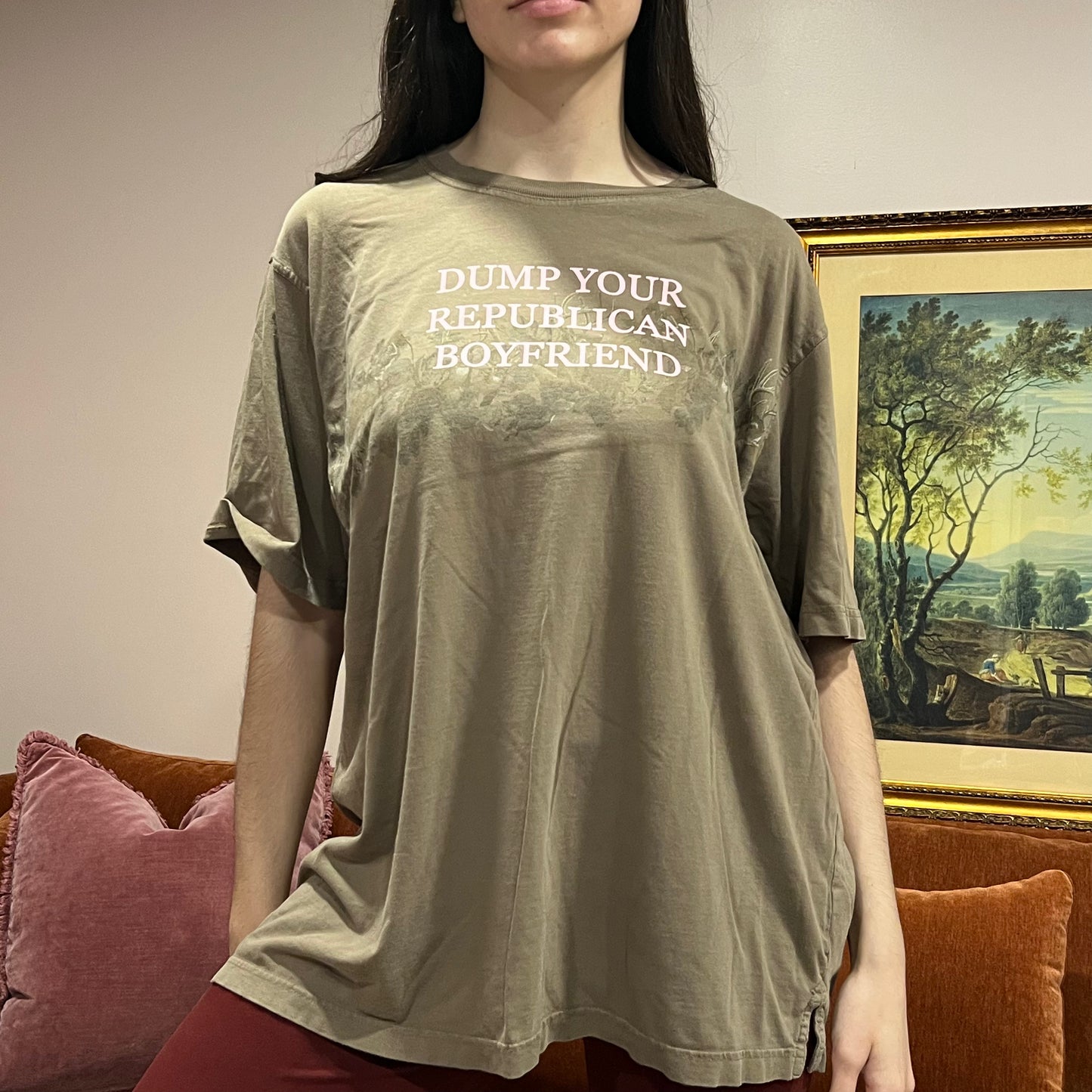 DUMP YOUR REPUBLICAN BOYFRIEND deer t-shirt with pink text (XL)