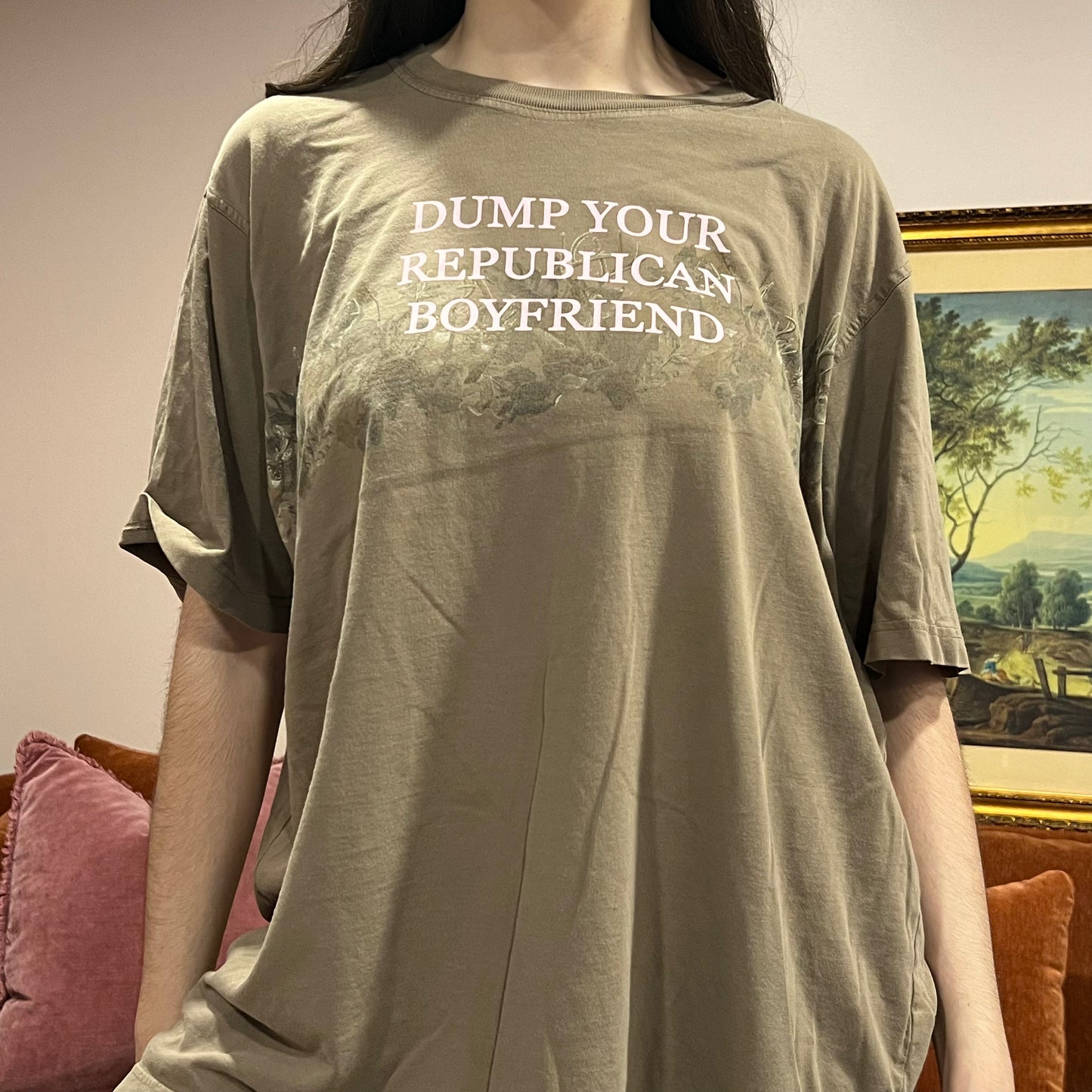 DUMP YOUR REPUBLICAN BOYFRIEND deer t-shirt with pink text (XL)