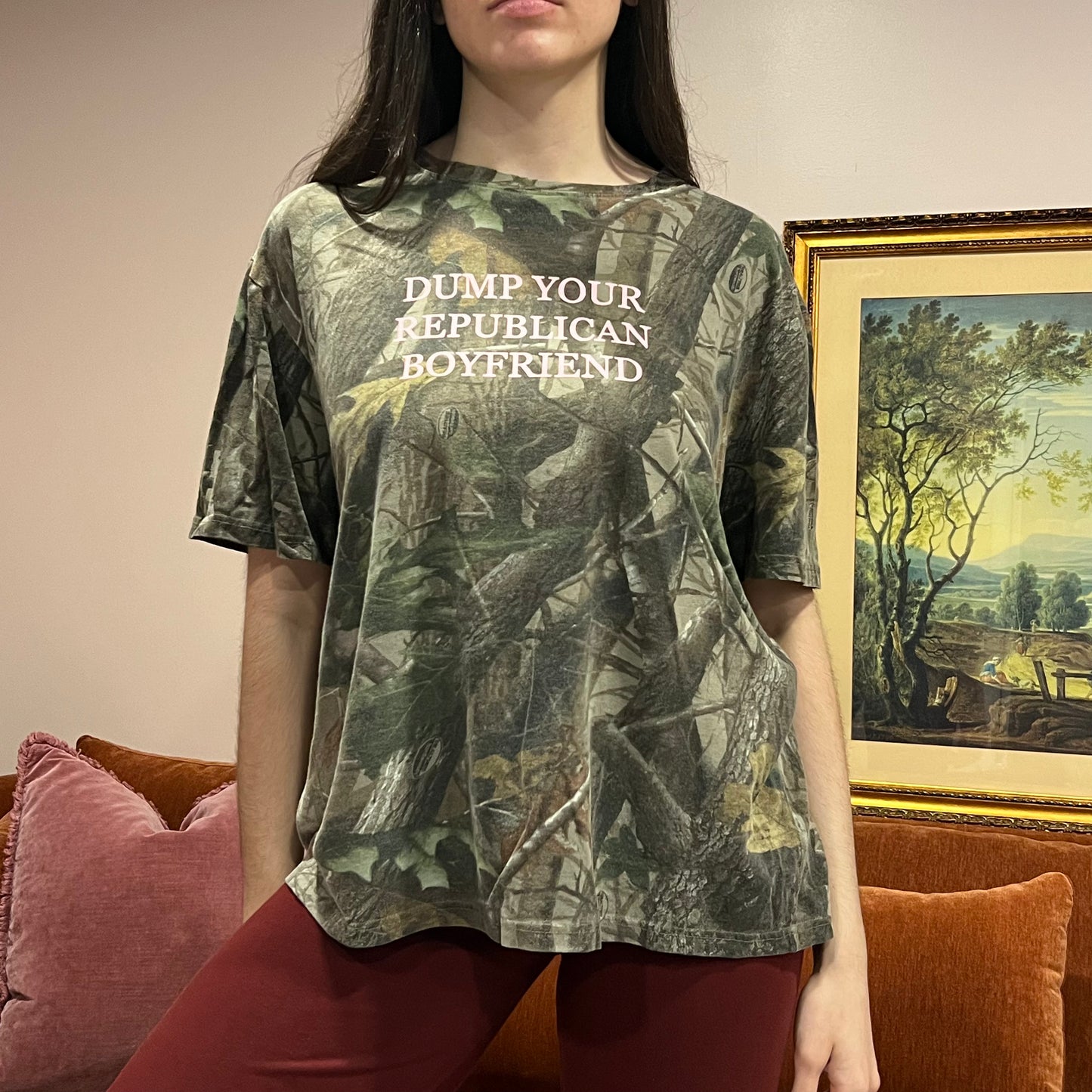 DUMP YOUR REPUBLICAN BOYFRIEND camo t-shirt with pink text (XL)