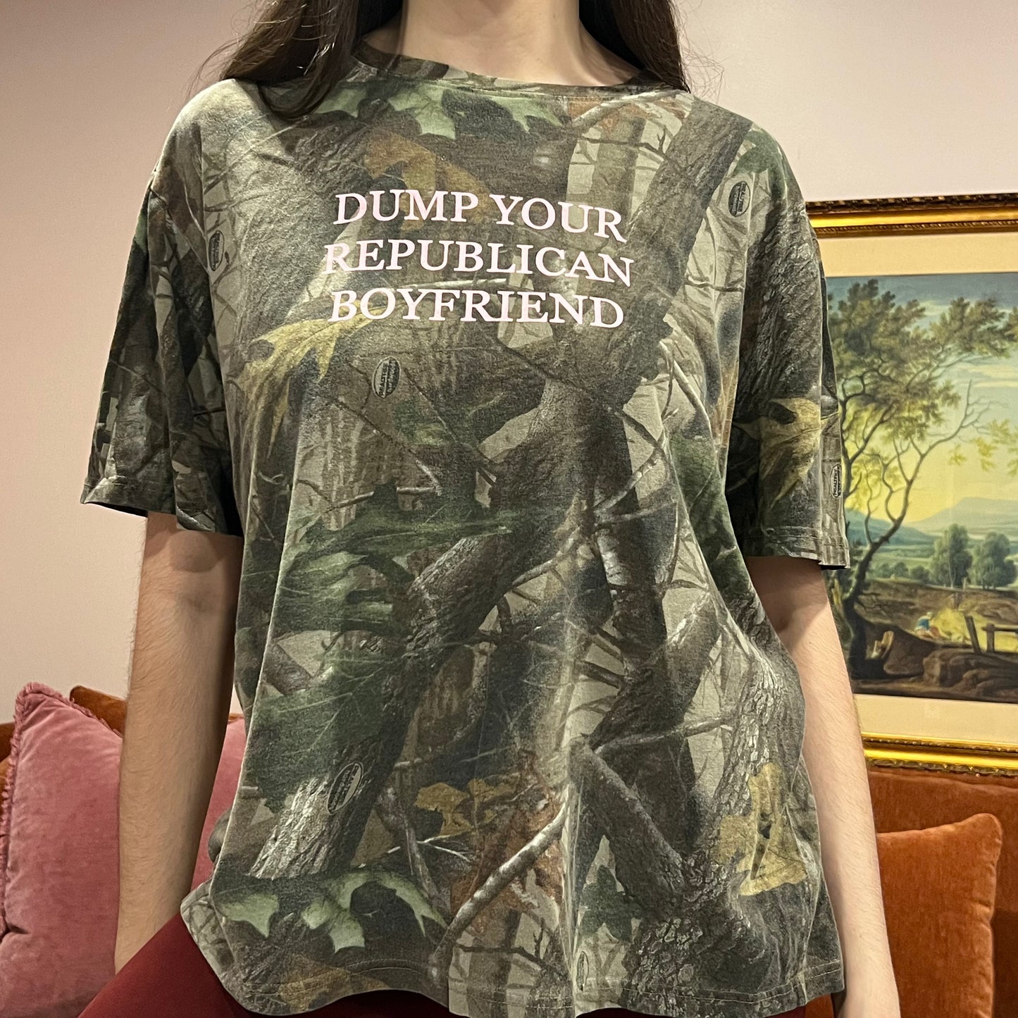 DUMP YOUR REPUBLICAN BOYFRIEND camo t-shirt with pink text (XL)