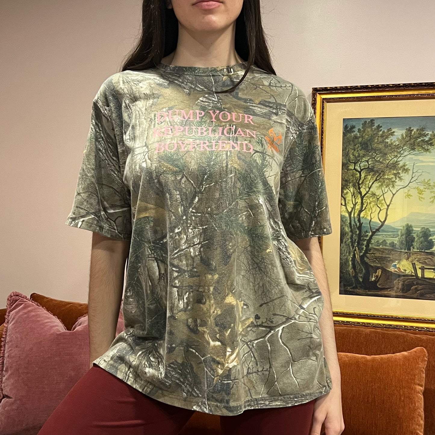 DUMP YOUR REPUBLICAN BOYFRIEND camo t-shirt with pink text (XL)