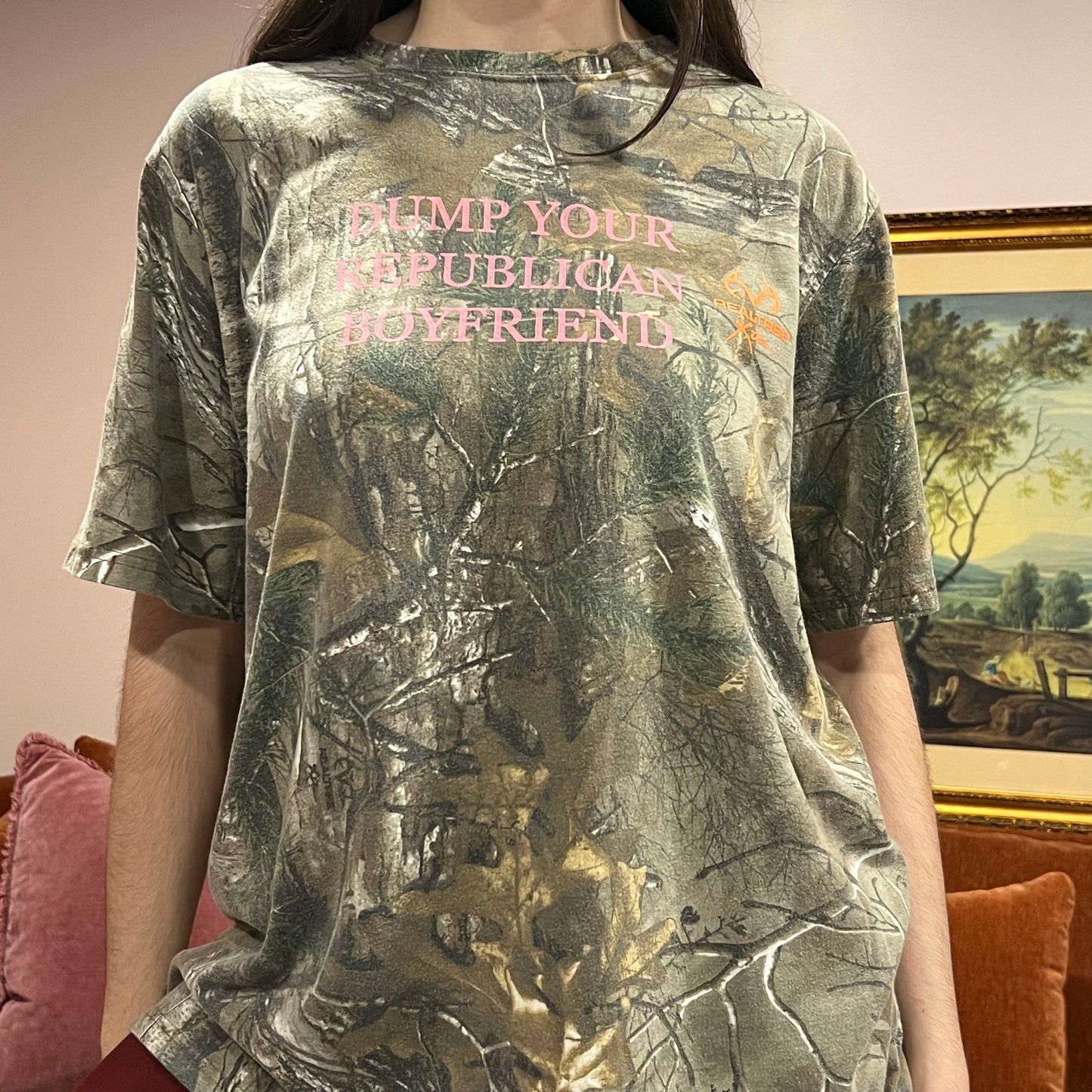 DUMP YOUR REPUBLICAN BOYFRIEND camo t-shirt with pink text (XL)