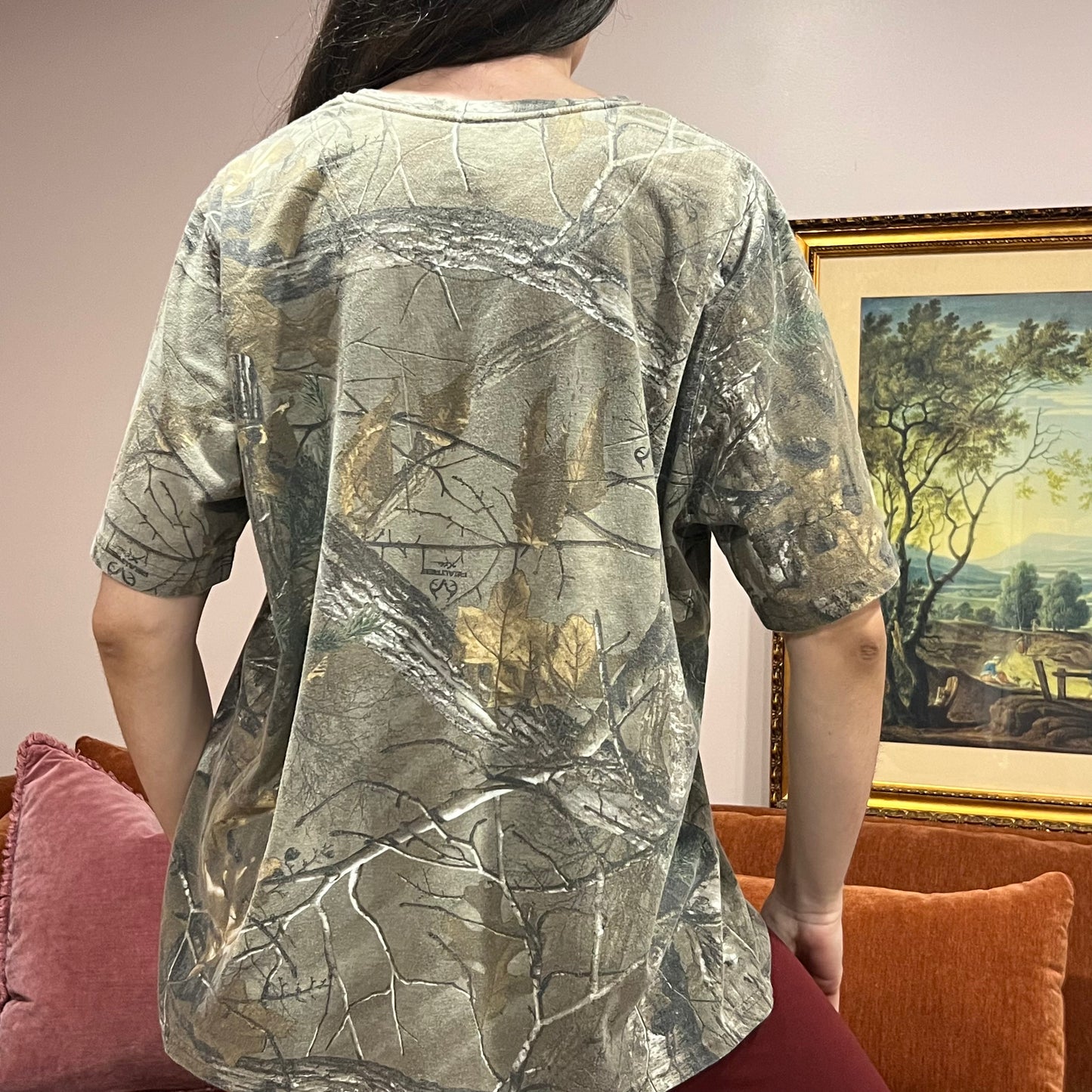 DUMP YOUR REPUBLICAN BOYFRIEND camo t-shirt with pink text (XL)