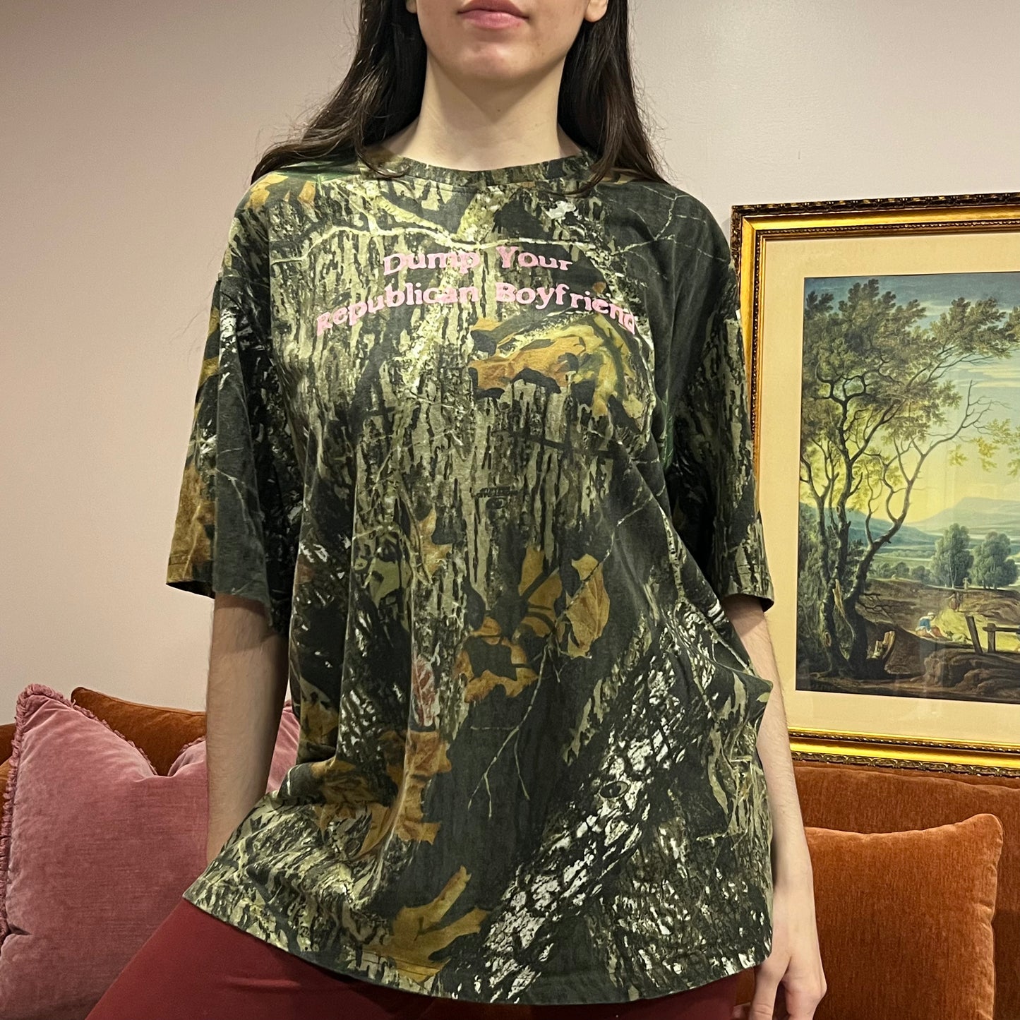 DUMP YOUR REPUBLICAN BOYFRIEND camo t-shirt with pink text (2XL)