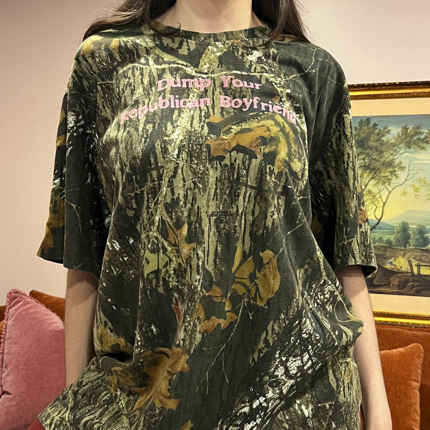 DUMP YOUR REPUBLICAN BOYFRIEND camo t-shirt with pink text (2XL)