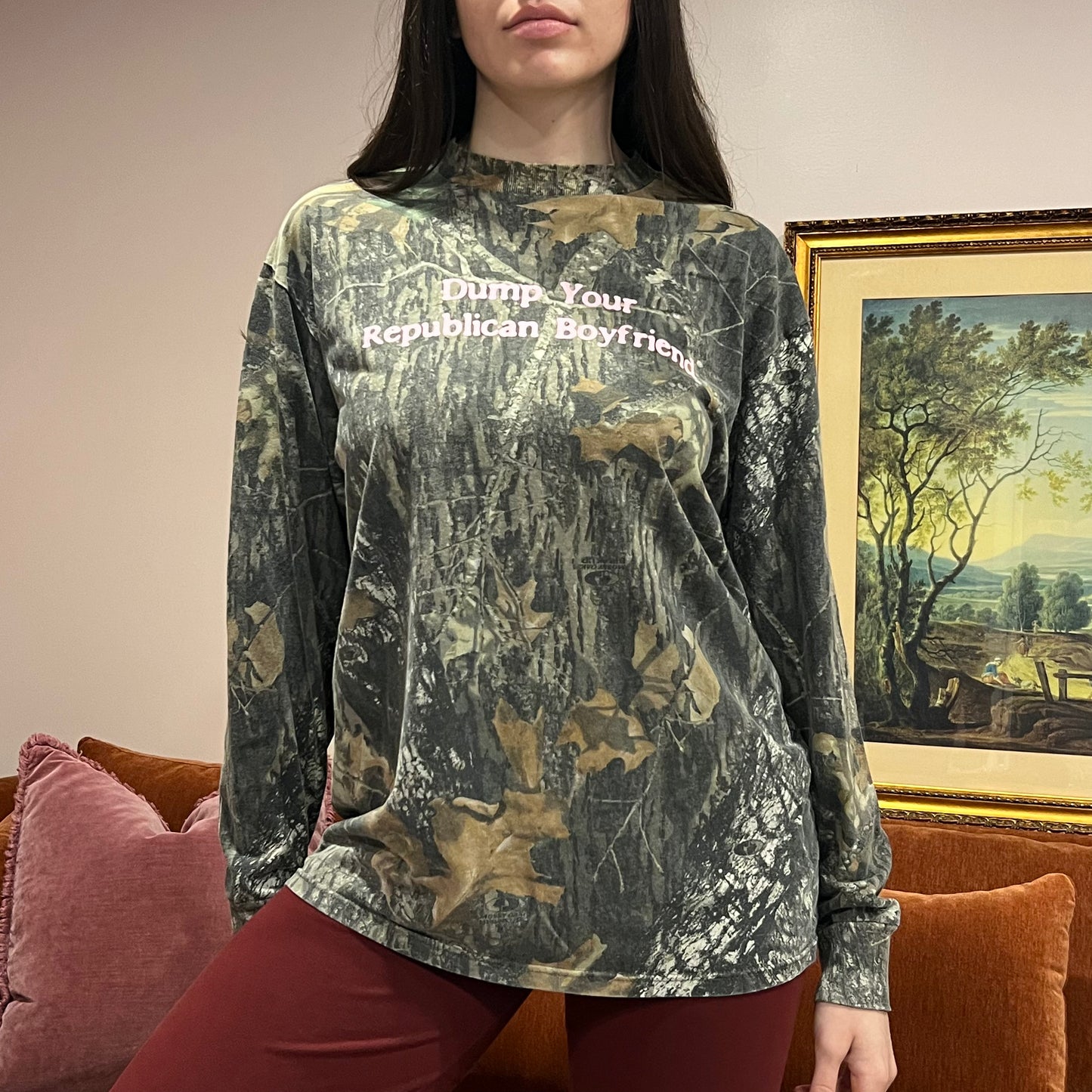 DUMP YOUR REPUBLICAN BOYFRIEND camo long sleeve t-shirt with pink text (M)